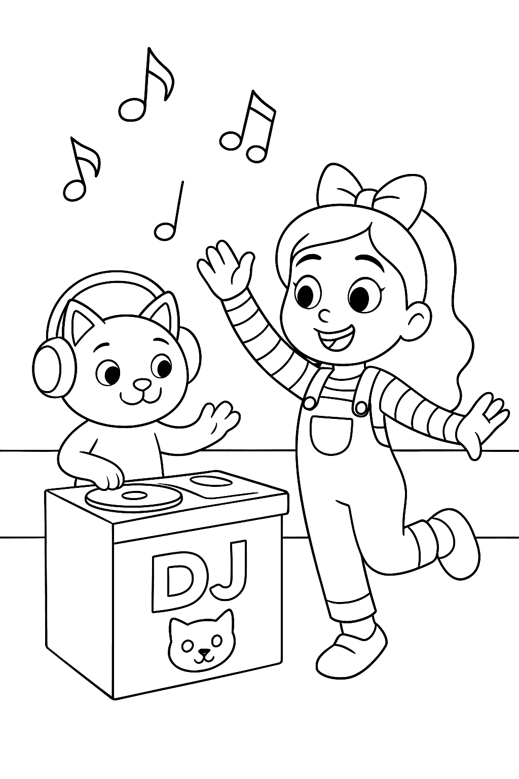 Gabby dances while her cat DJ plays music on a small setup, with musical notes above.