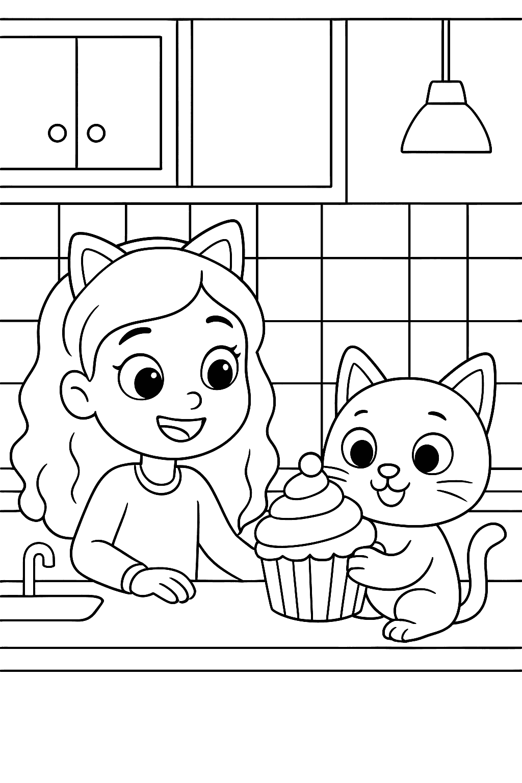 Gabby smiles as her cat holds a big cupcake on the kitchen counter.