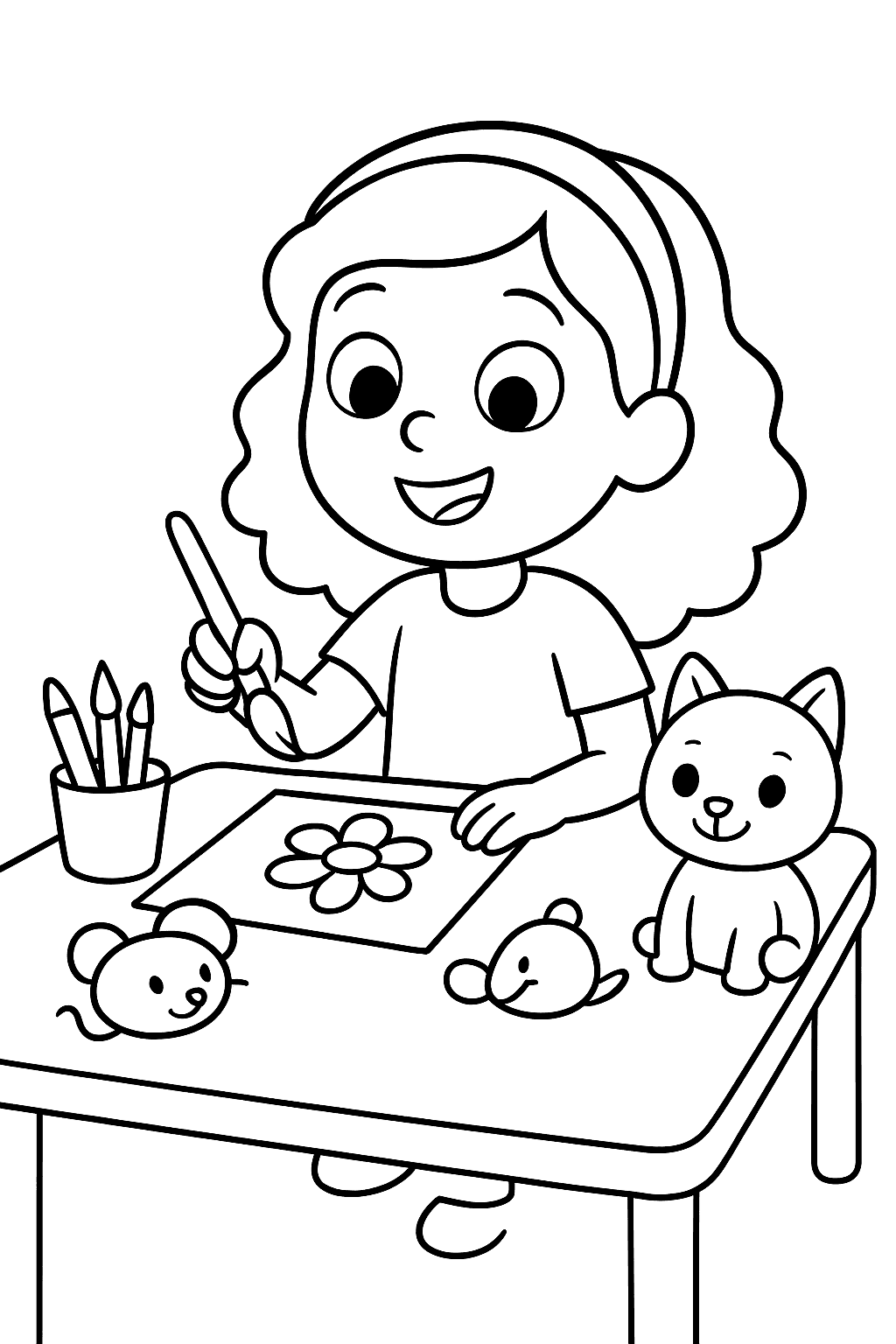 Gabby paints a flower on paper at a craft table with brushes, pencils, and her cat nearby.