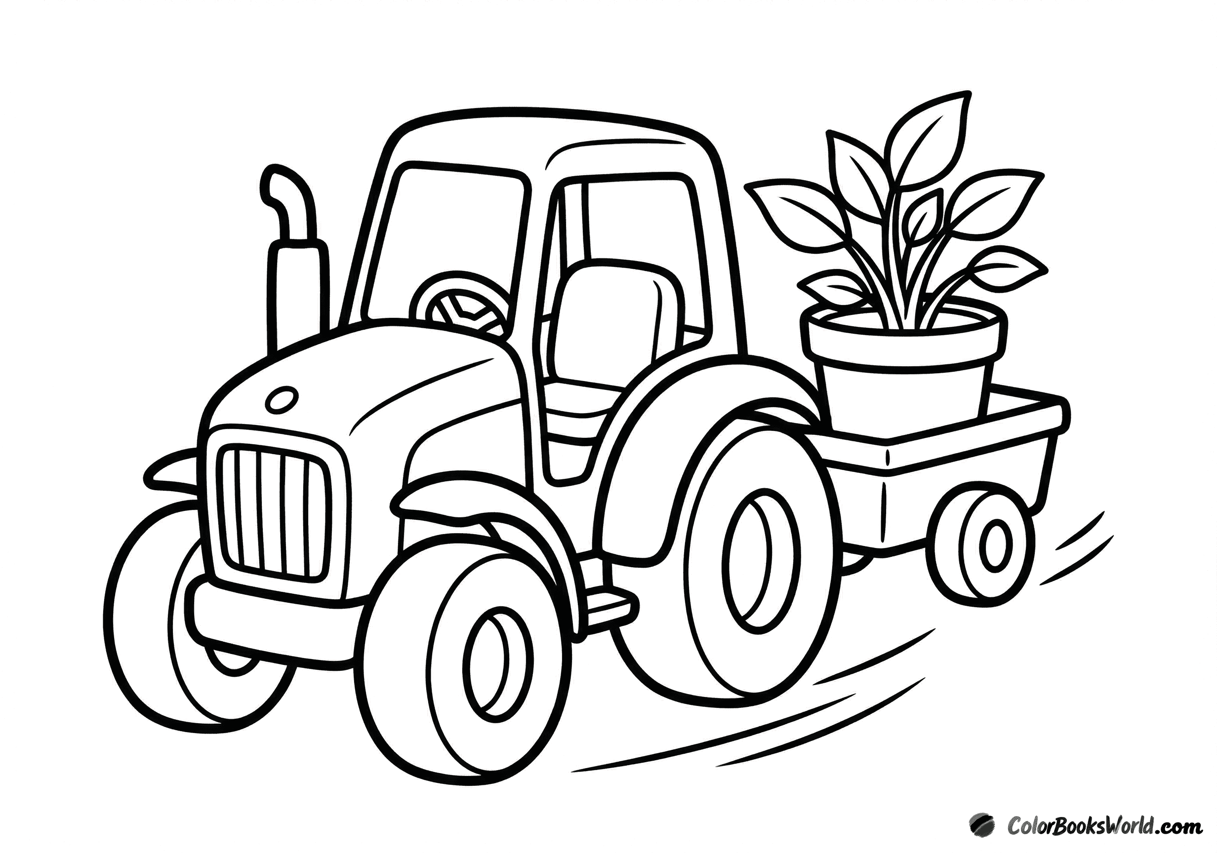 A small garden tractor pulling a cart with a single potted plant.