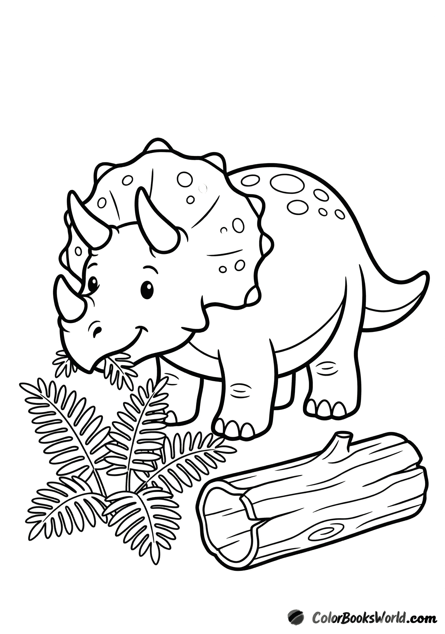 A chubby cartoon Triceratops eats fern leaves beside a fallen log in a forest.