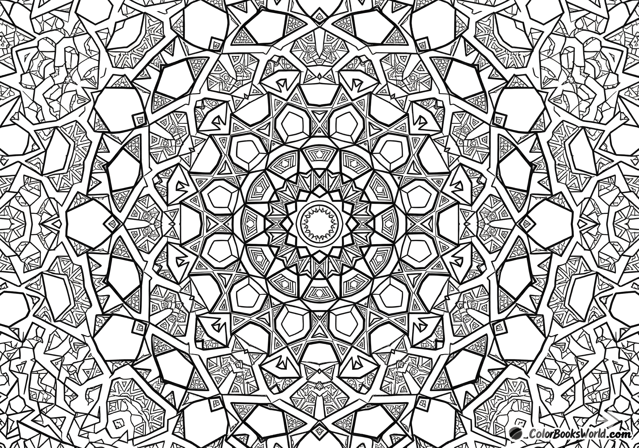 Intricate geometric mandala with repeating polygons, star tessellations, and fractal rings in radial symmetry.