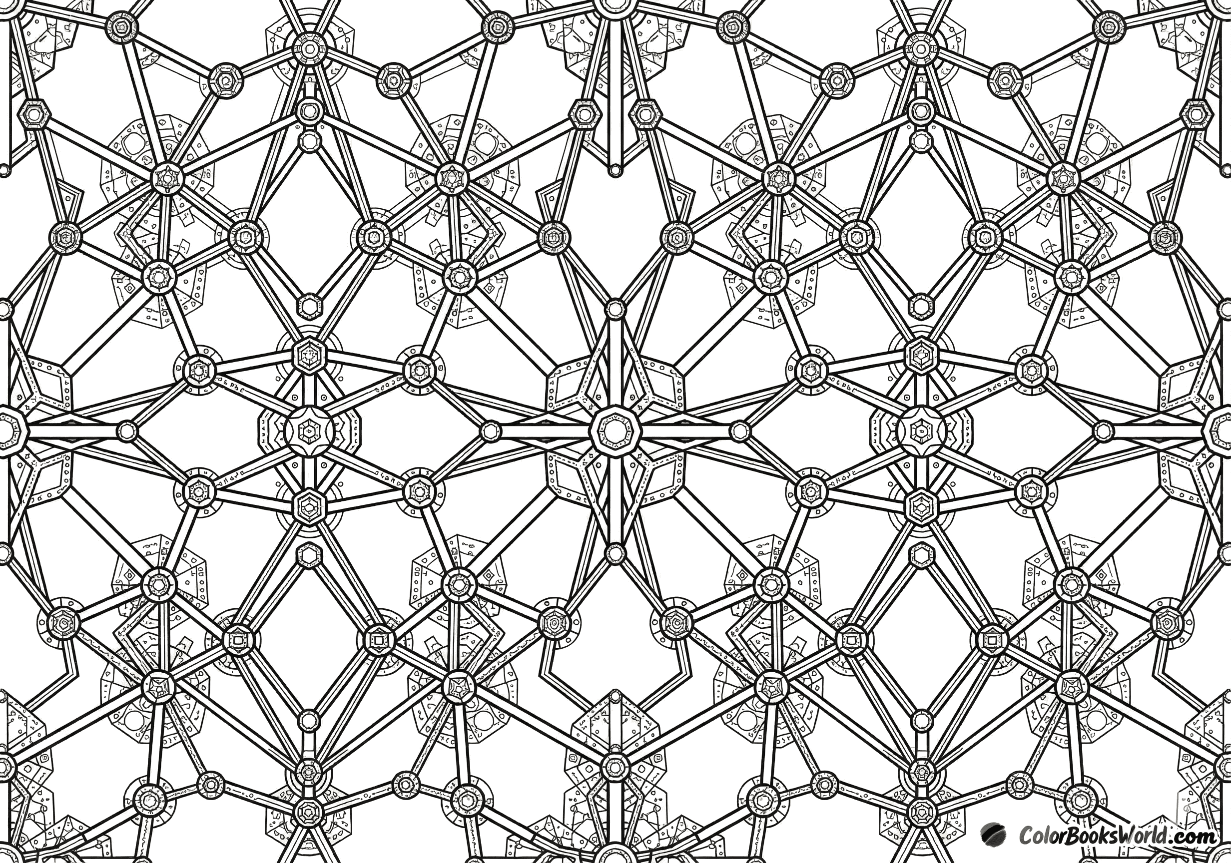 An intricate geometric network of nodes and connecting lines forming polygons and stars for coloring.