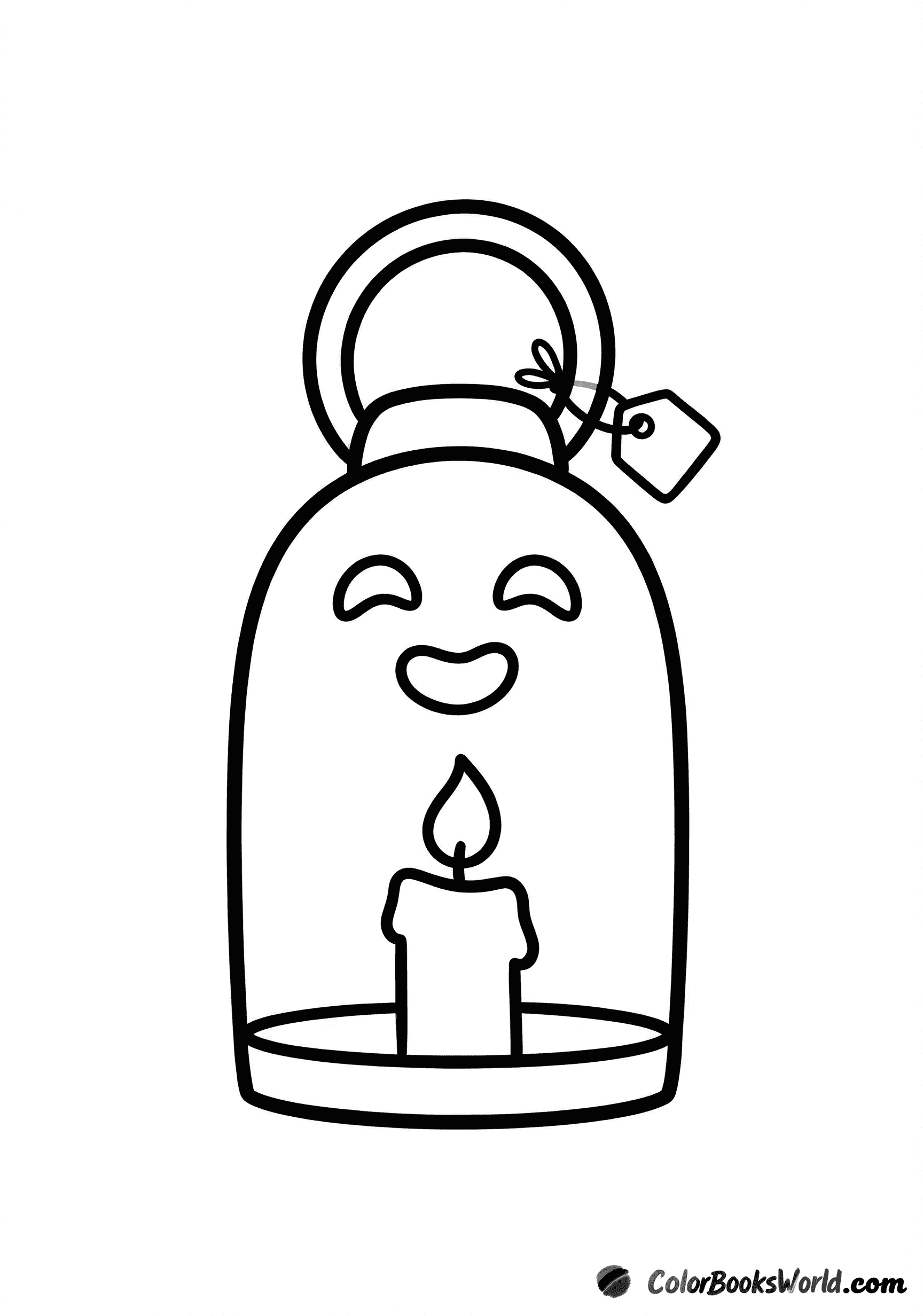 A handheld lantern shaped like a friendly ghost, with a candle inside and a small tag on the handle.