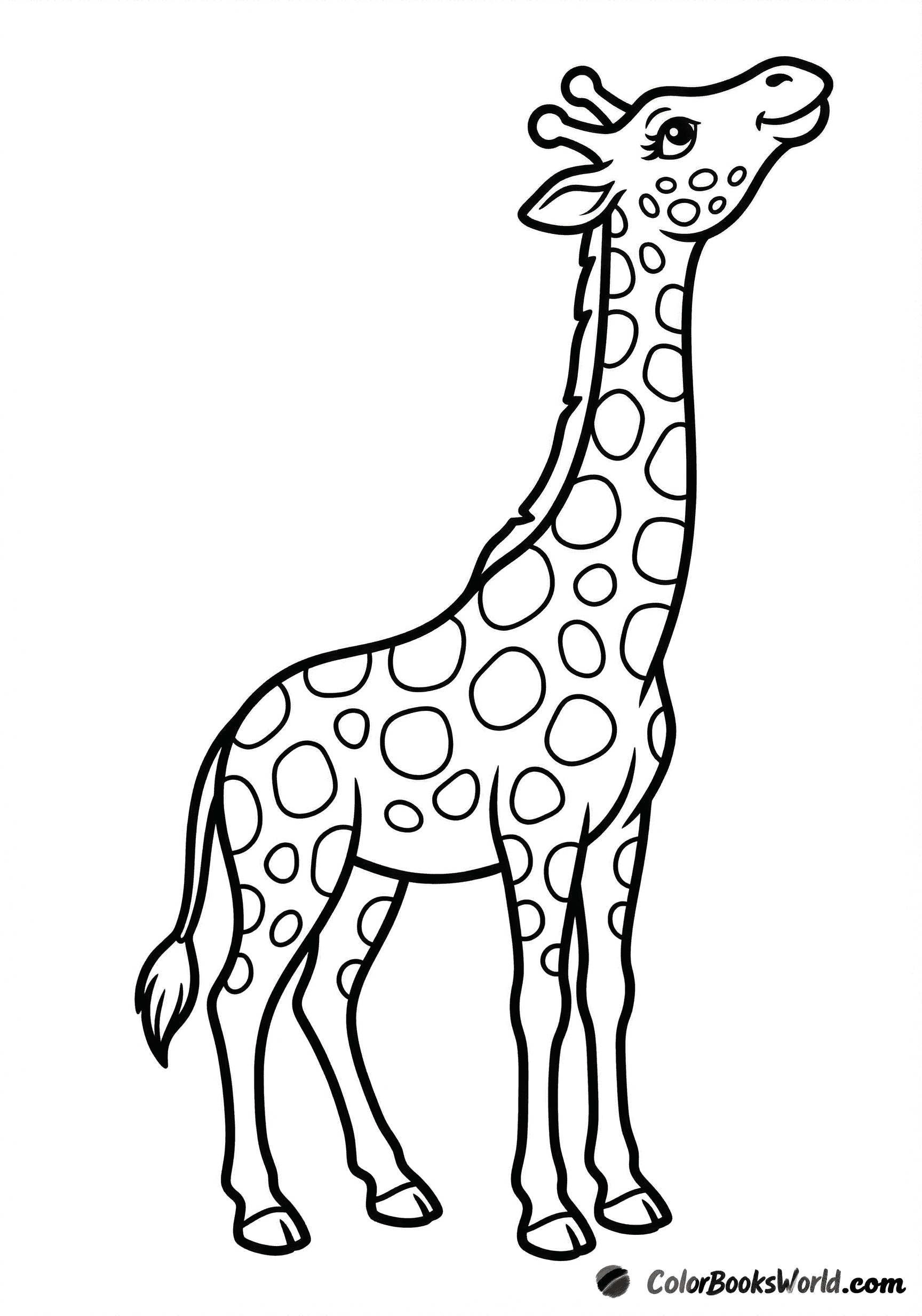 A friendly giraffe with a curved neck looks up toward the sky, smiling with rounded spots.