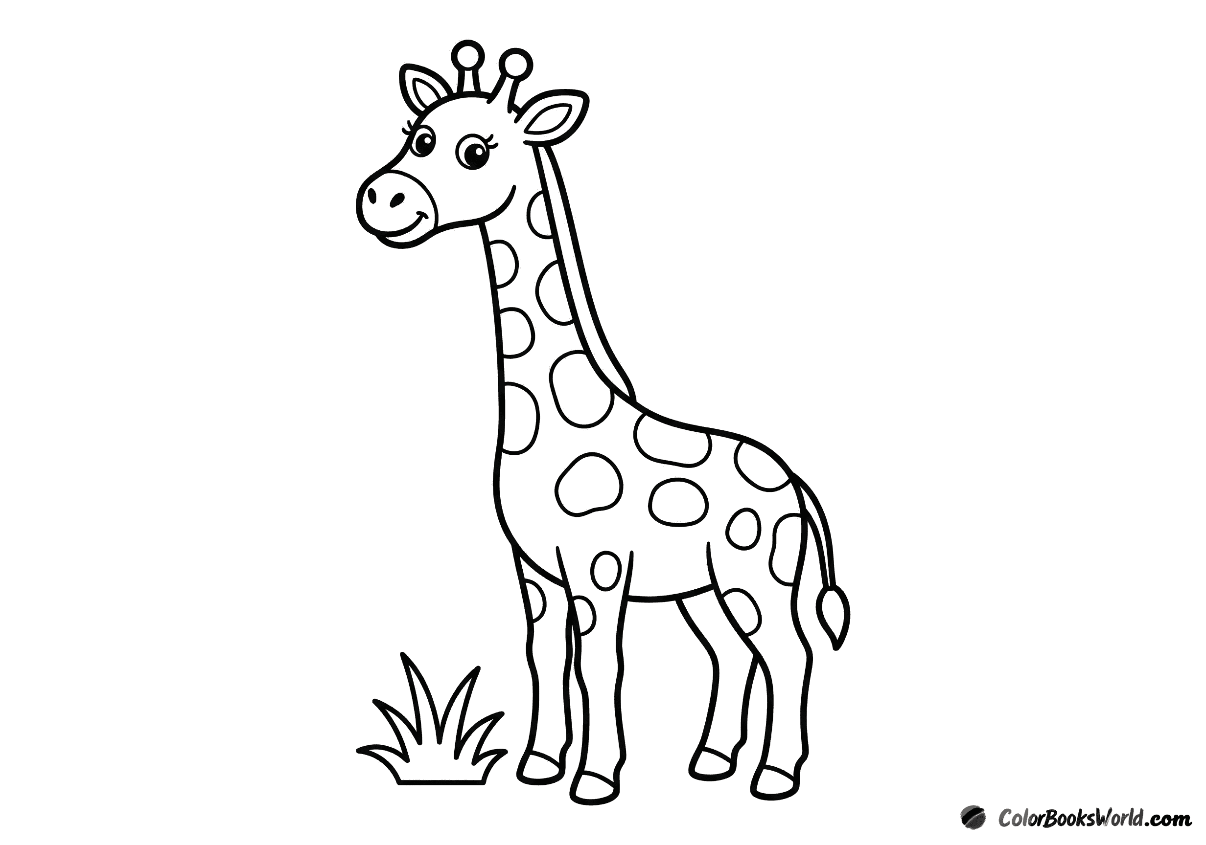 A friendly cartoon giraffe standing in three-quarter view beside a small tuft of grass.