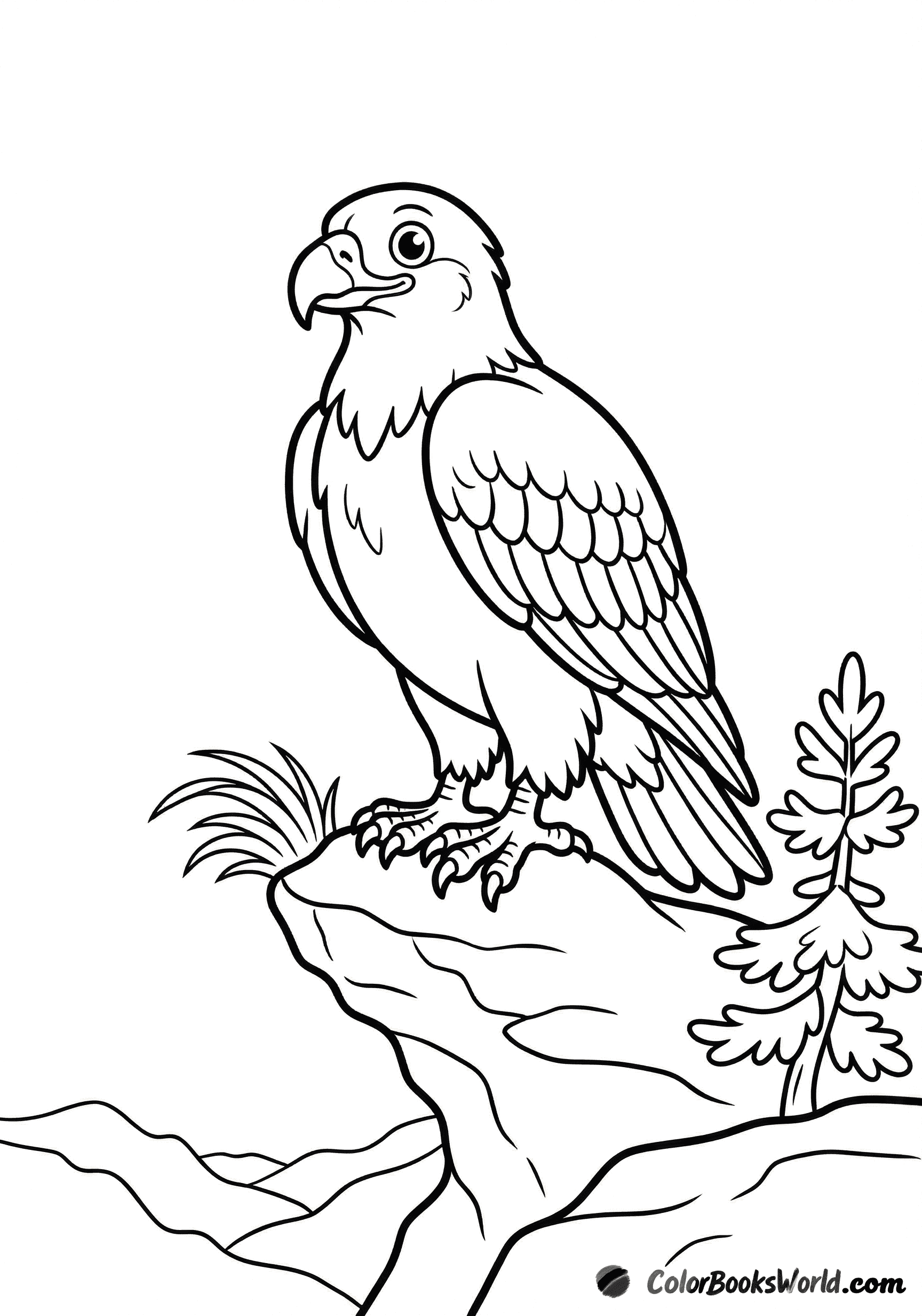 A cartoon golden eagle perches on a rocky mountain ledge beside a small pine tree.