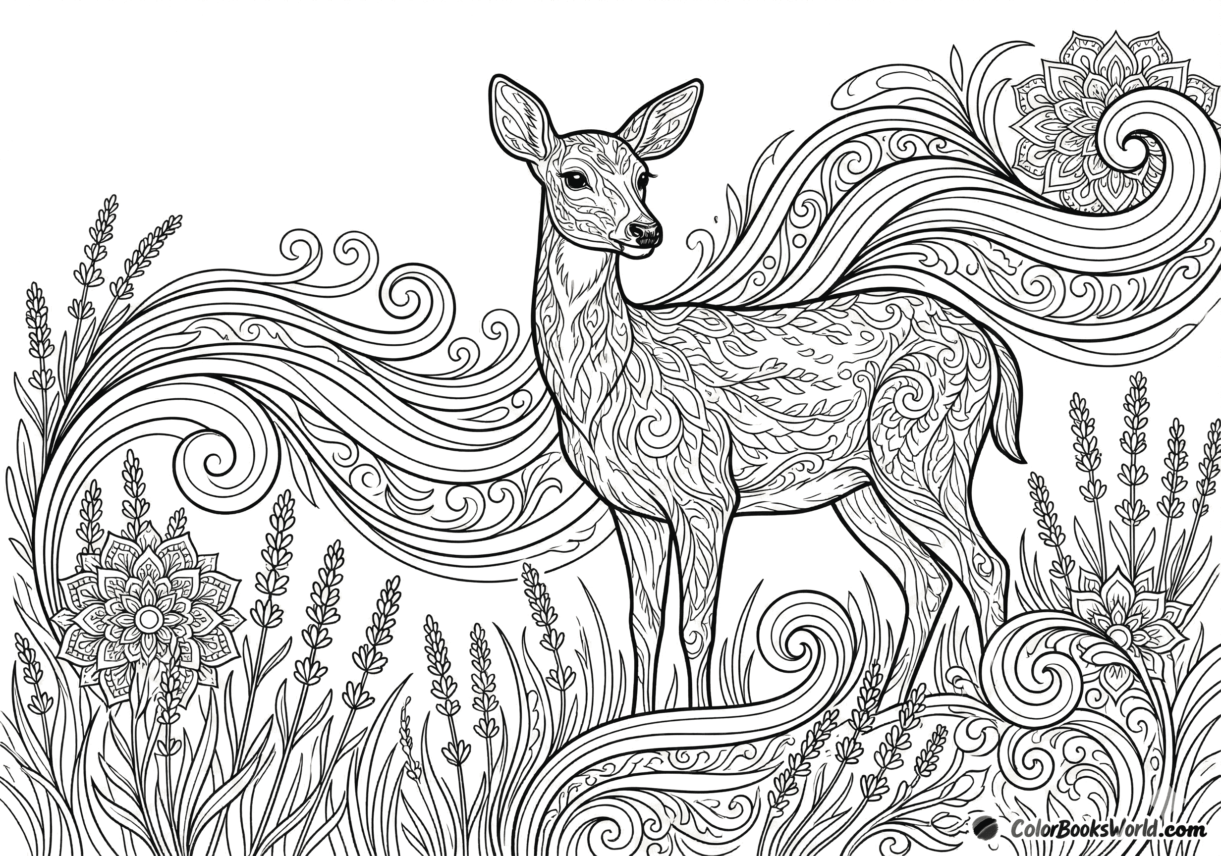 A doe stands among stylized lavender and tall grasses, surrounded by flowing wind-line motifs.