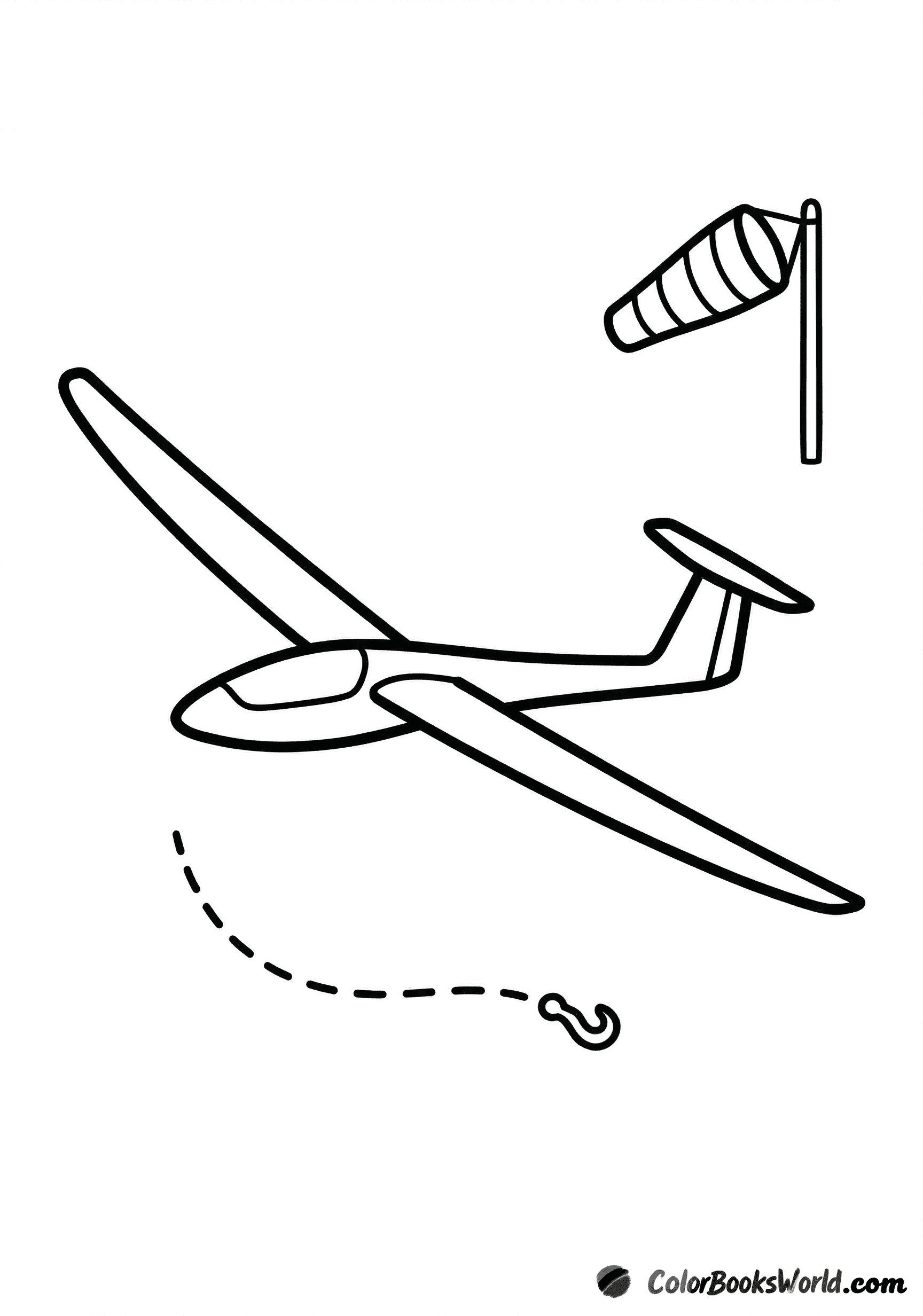 A simple long-wing glider flies near a windsock with a dashed tow line behind it.