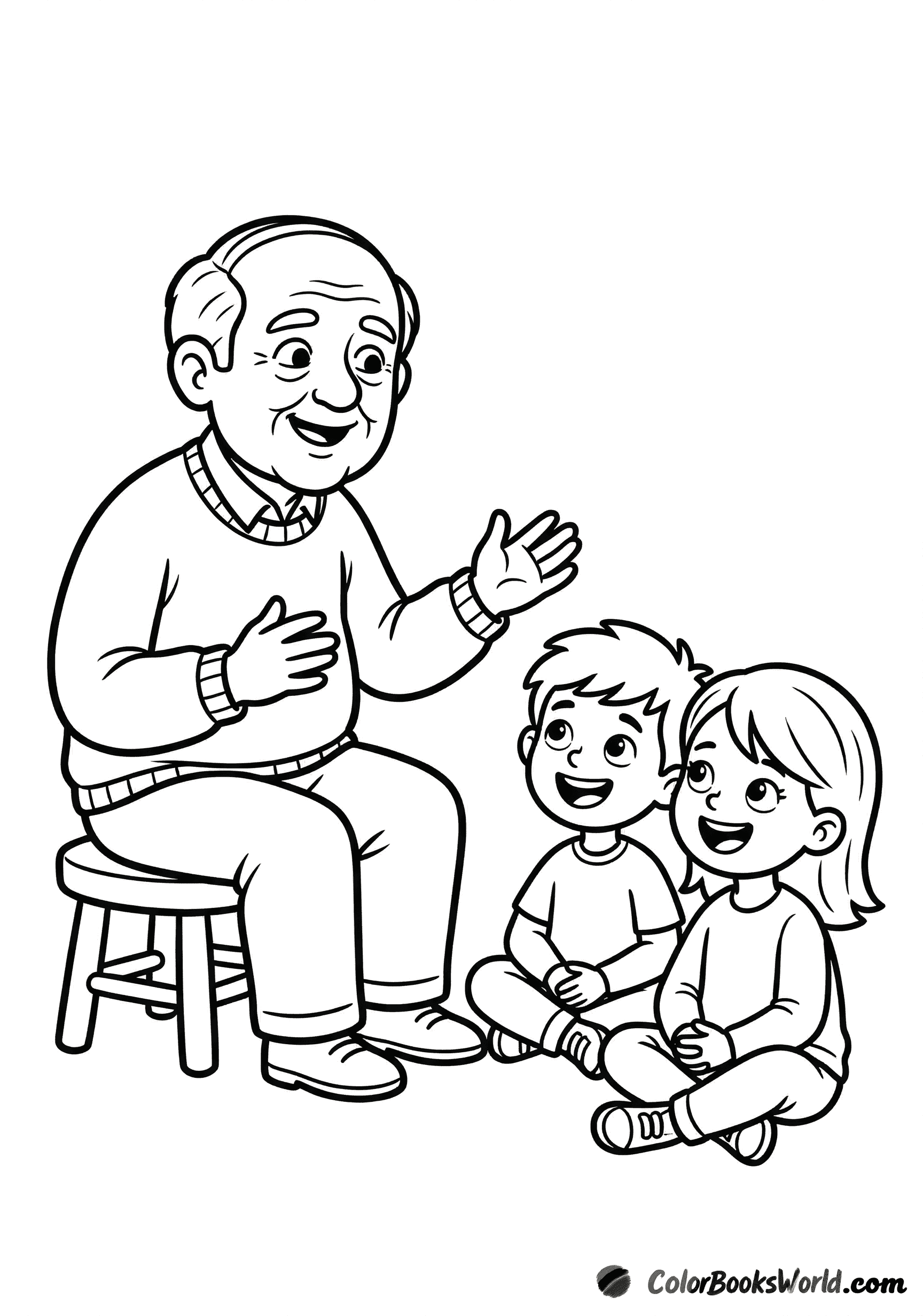 A friendly grandfather gestures as two grandchildren sit on the floor, smiling and listening.
