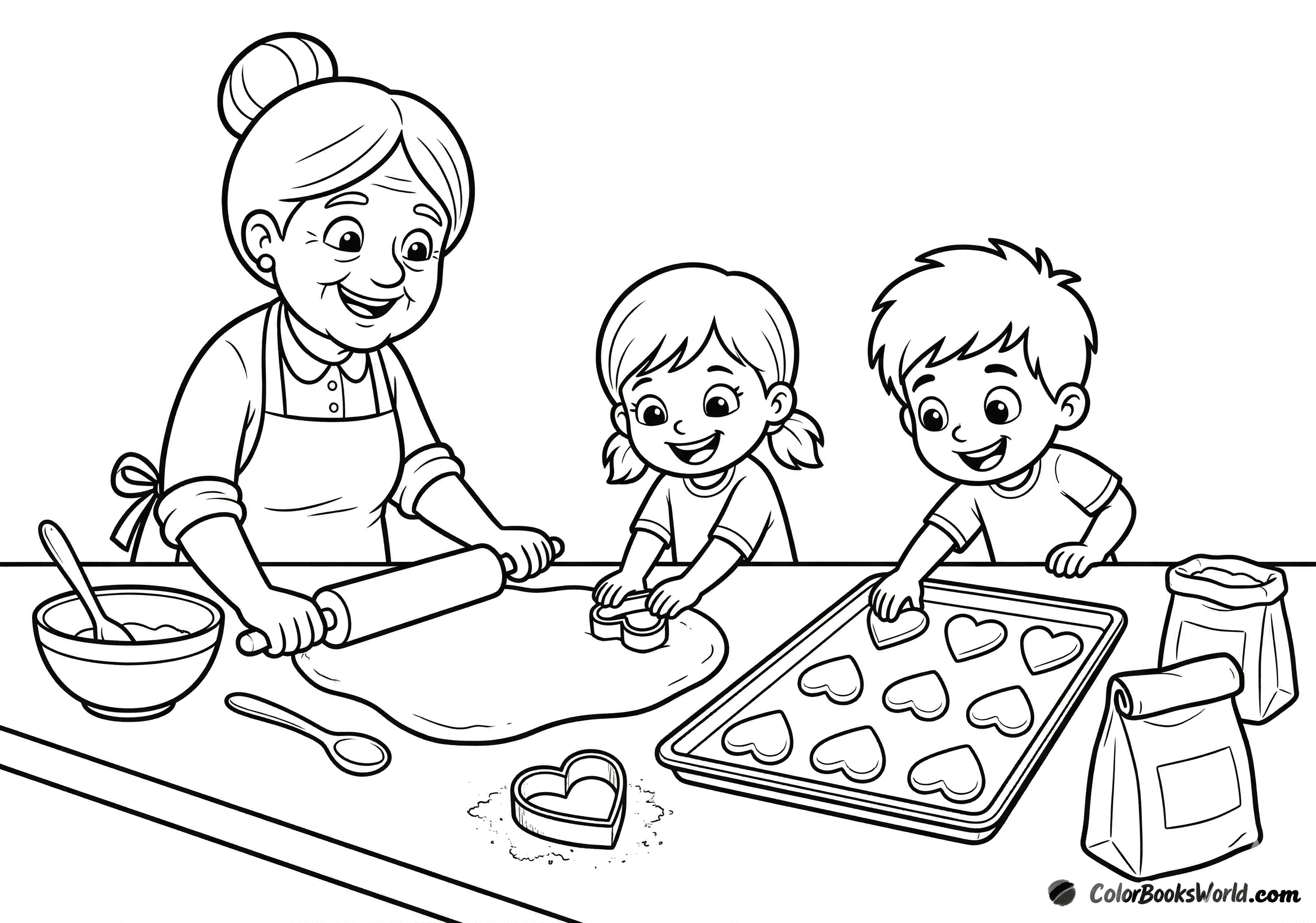 A grandmother and two grandchildren roll dough and cut heart-shaped cookies at a kitchen counter.