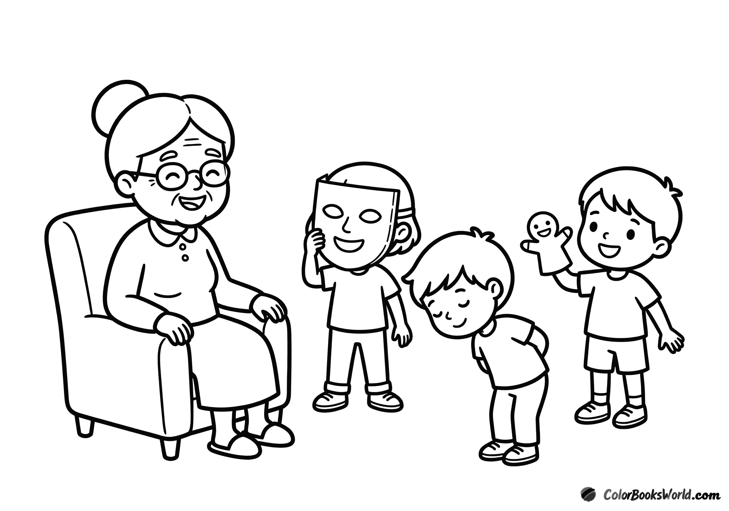 Three grandchildren perform a small play for their seated grandmother, using a puppet and a mask.