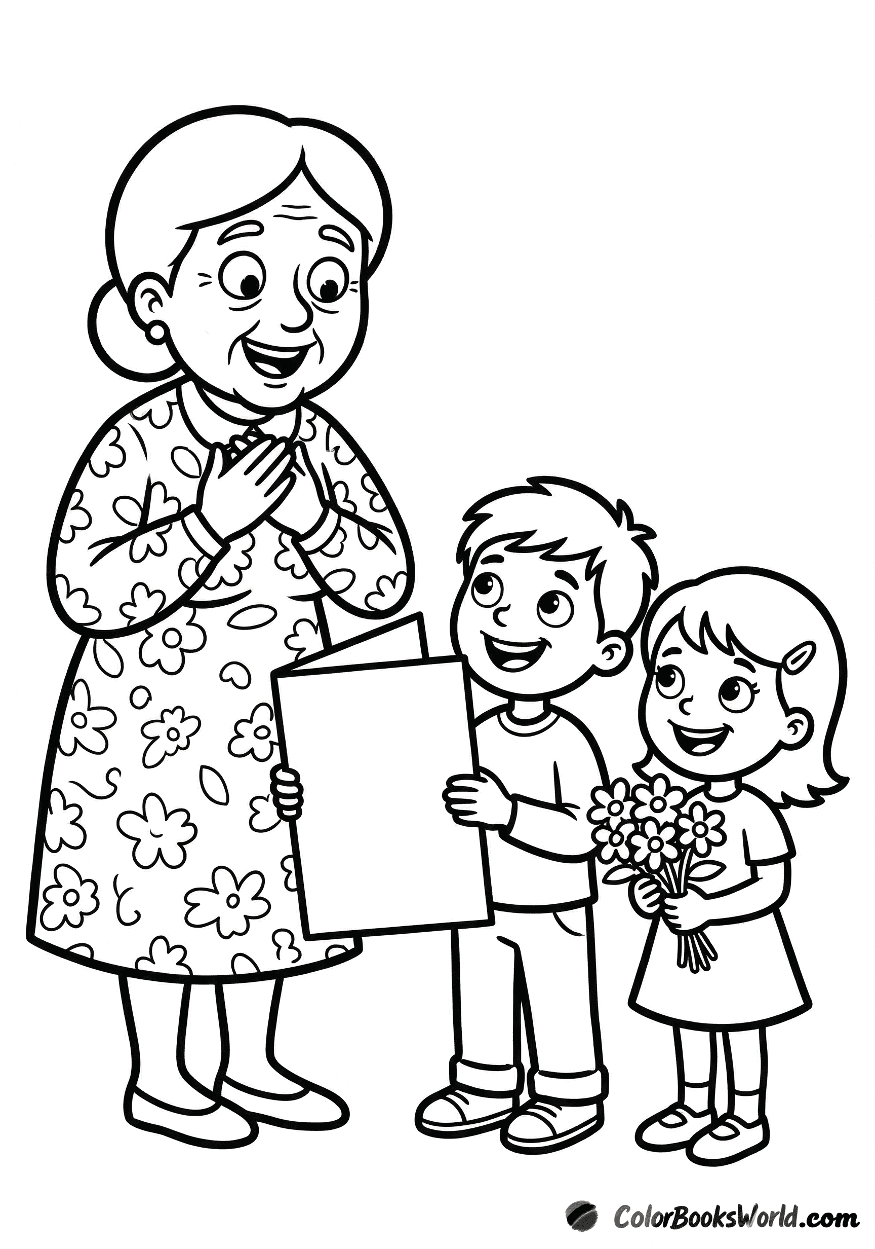A surprised grandmother receives a blank handmade card and a small bouquet from two grandchildren.