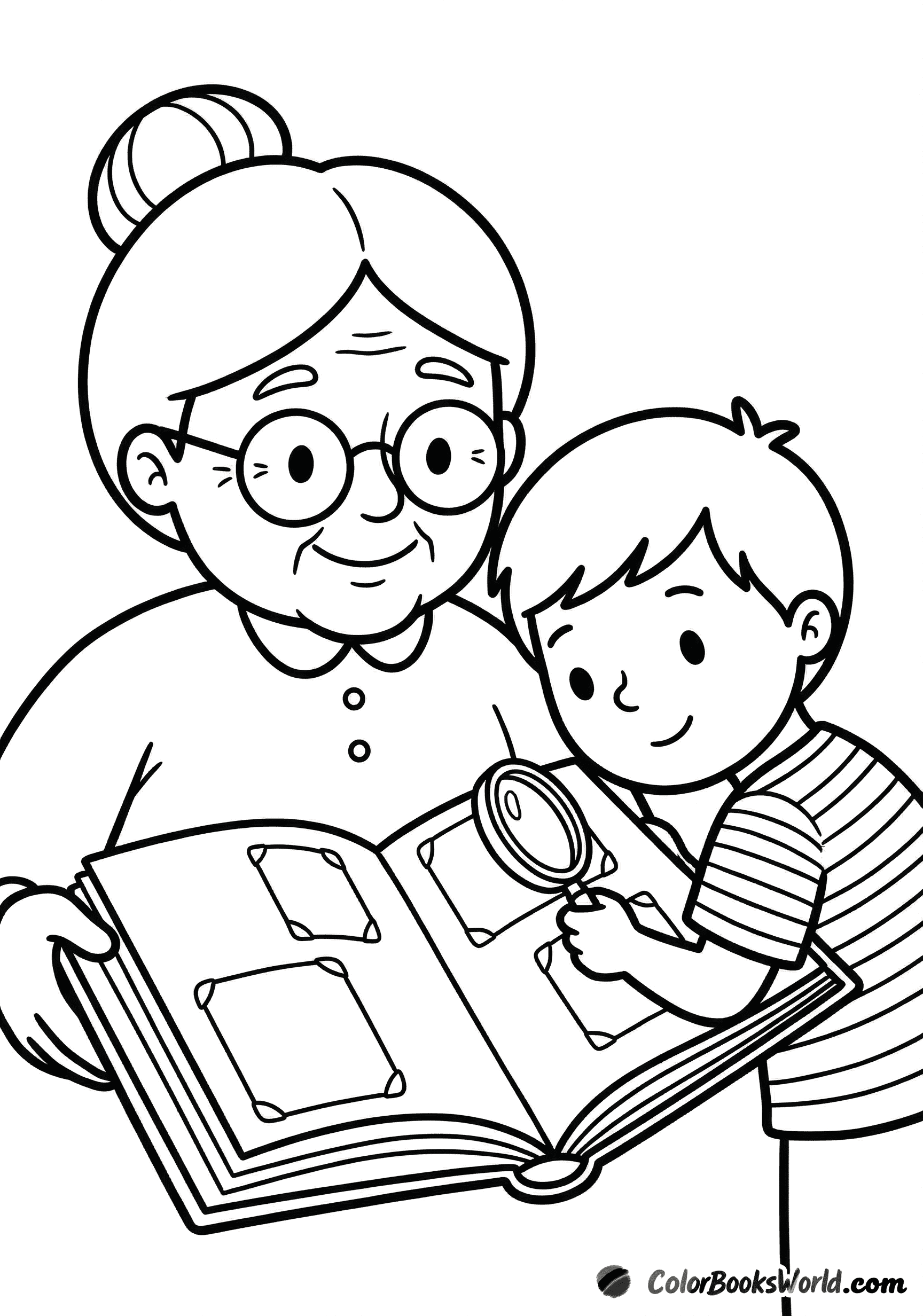 A grandmother shows an open photo album to her grandchild while holding a magnifying glass.