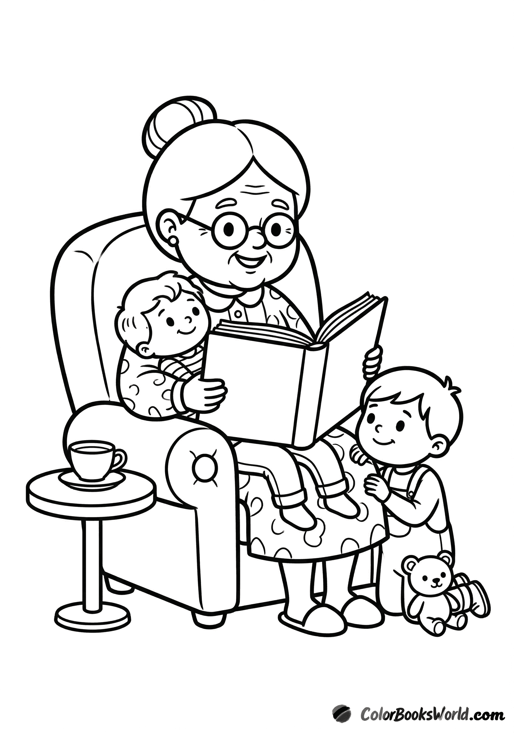 Grandmother in an armchair reads a large book to two grandchildren, with a teacup and stuffed toy nearby.