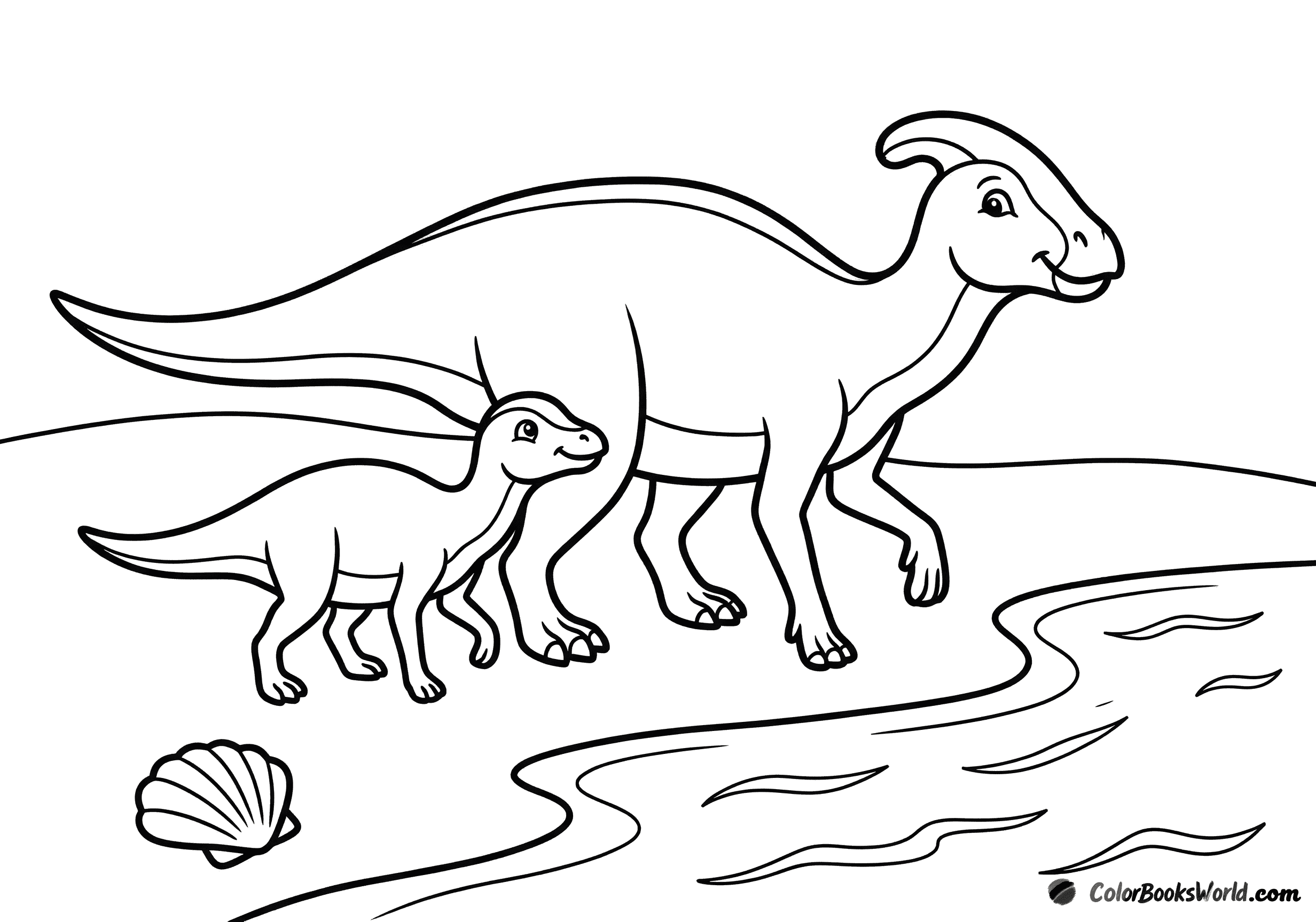 Een volwassen en jonge hadrosaurus lopen langs de kust met een schelp en eenvoudige golven.