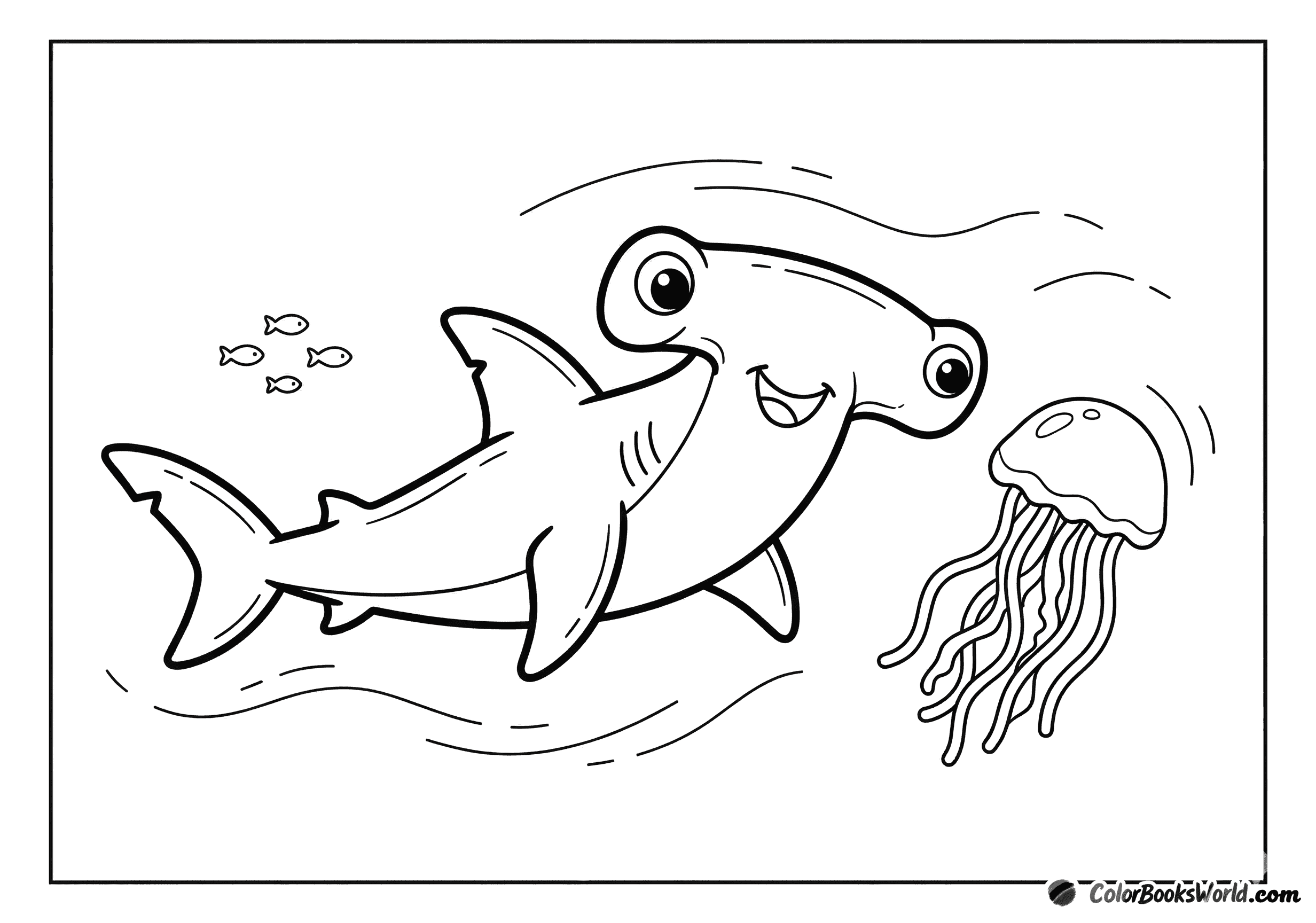 A cute cartoon hammerhead shark with big eyes swims toward a small jellyfish underwater.