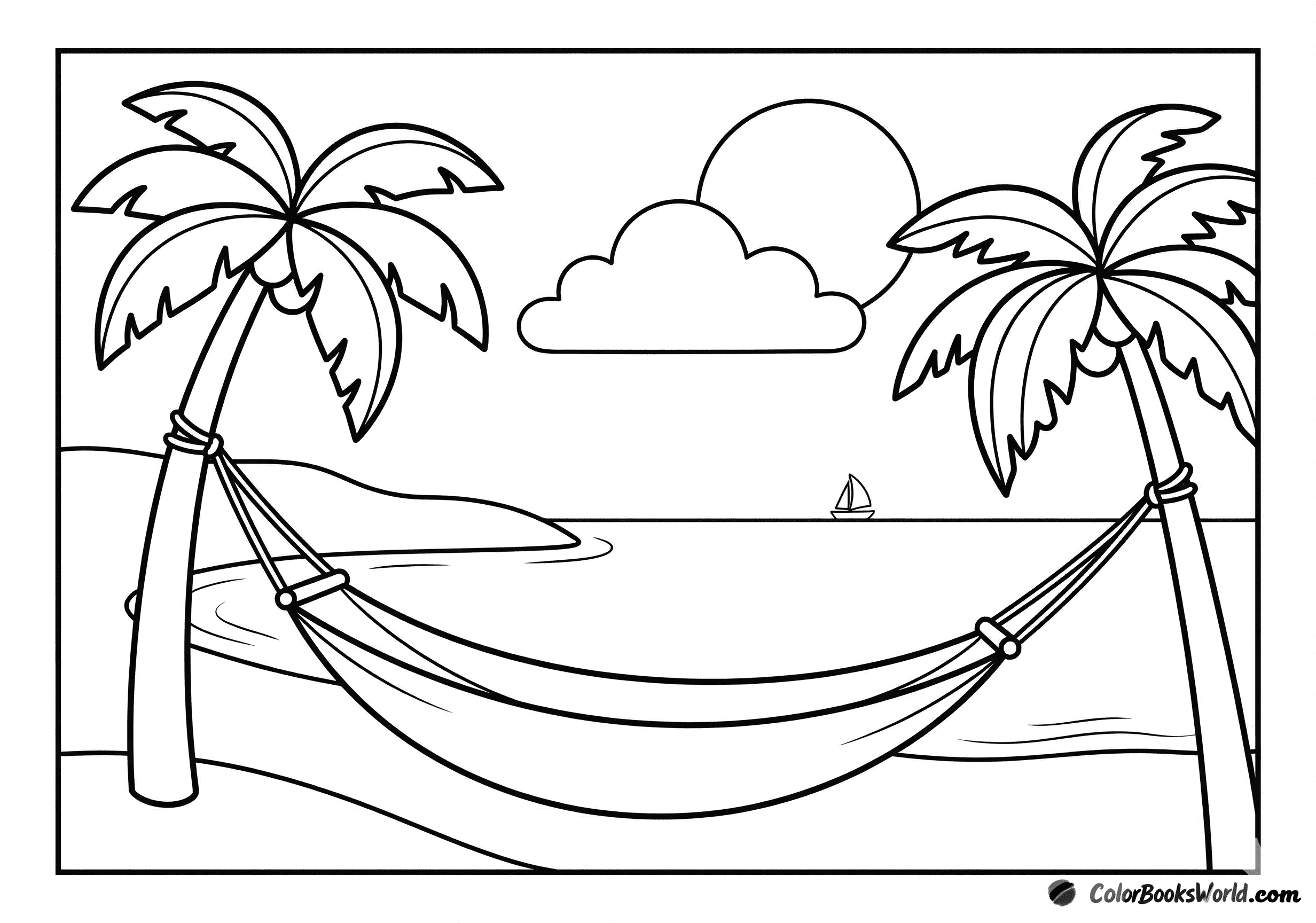 Line art of a hammock between two palm trees on a tropical beach, with a sailboat on the horizon.