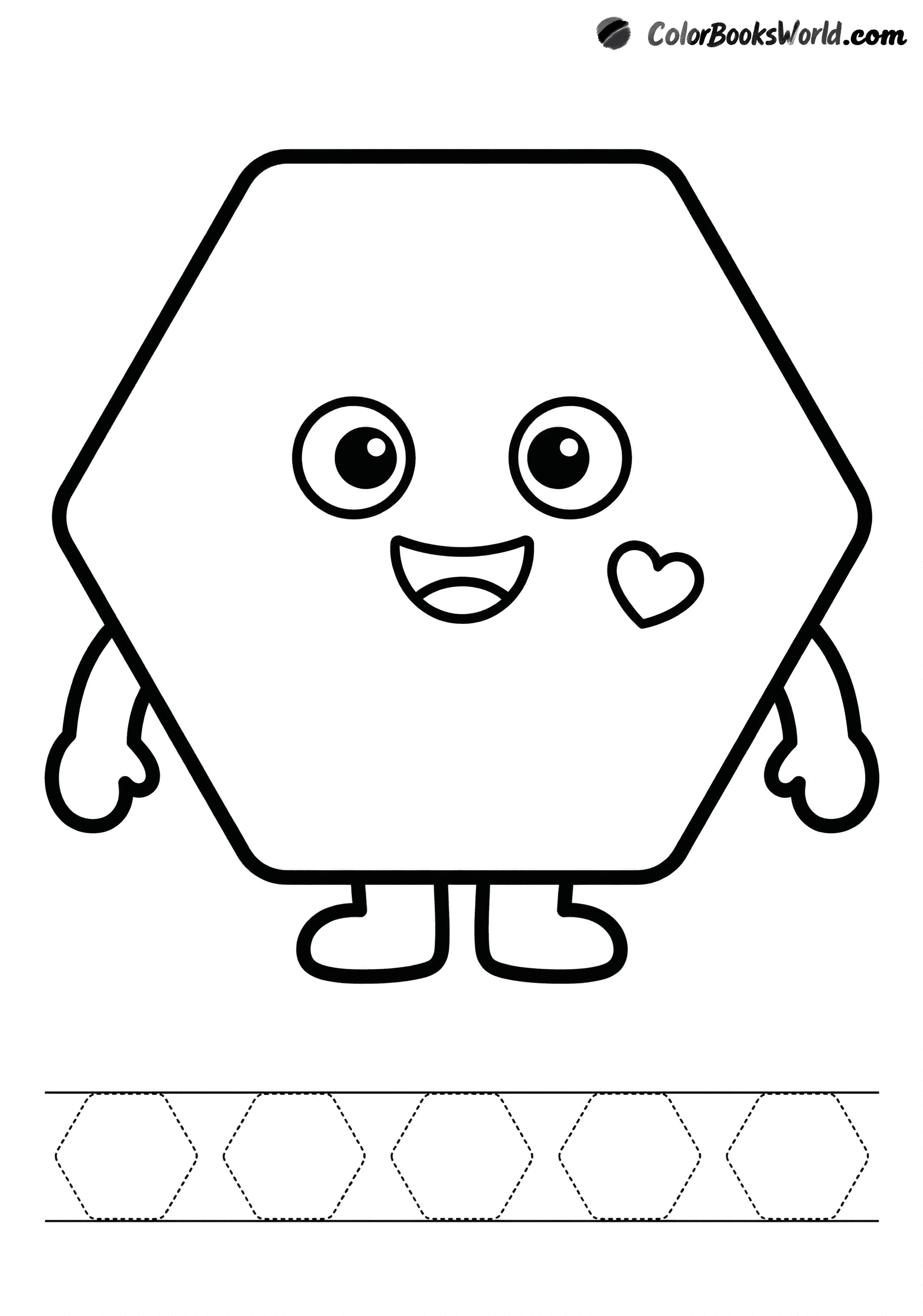 A smiling hexagon character with small arms and legs, a tiny heart, and dotted hexagons to trace.