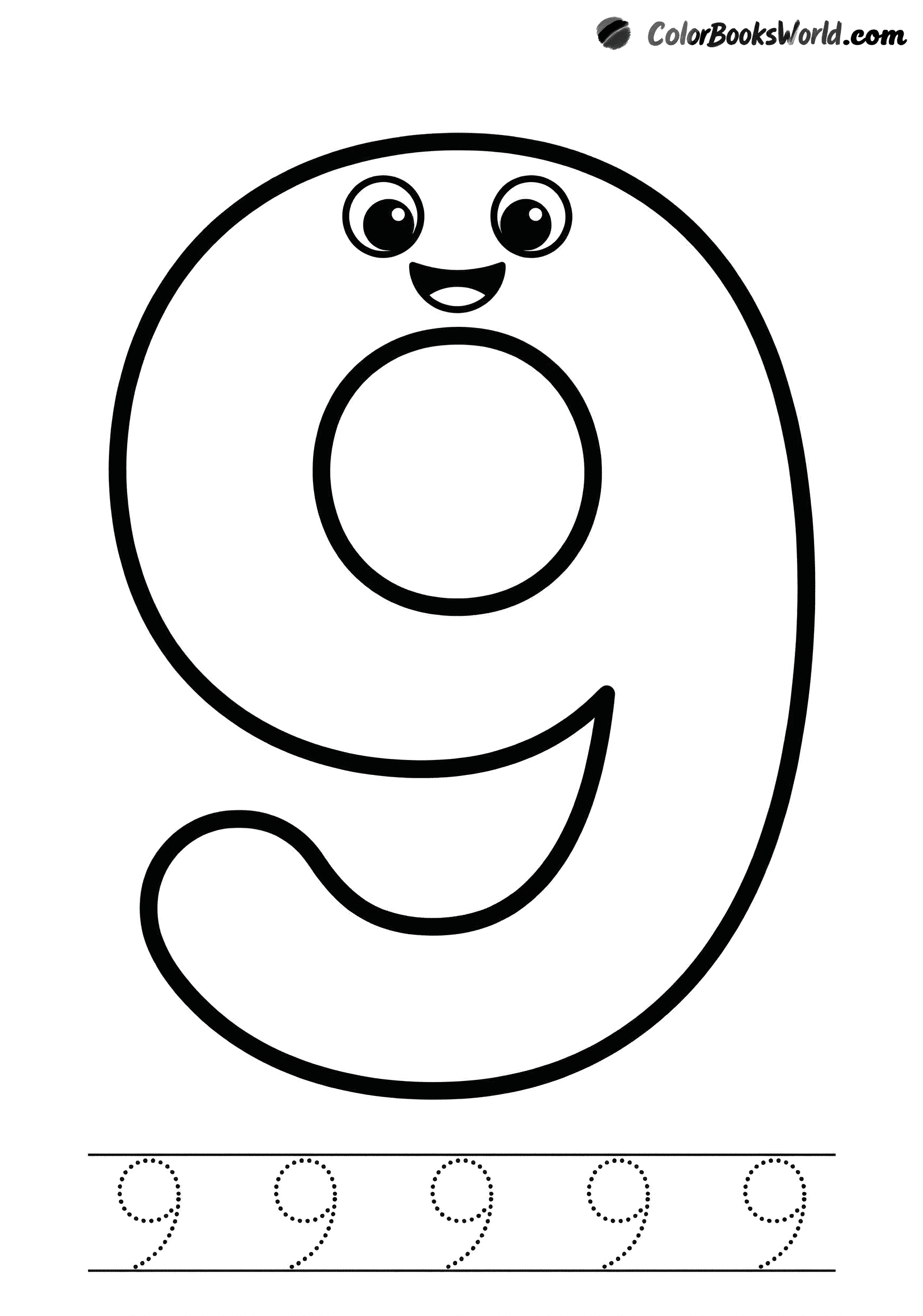 A large number 9 with a smiling face, round eyes, and a wide grin.