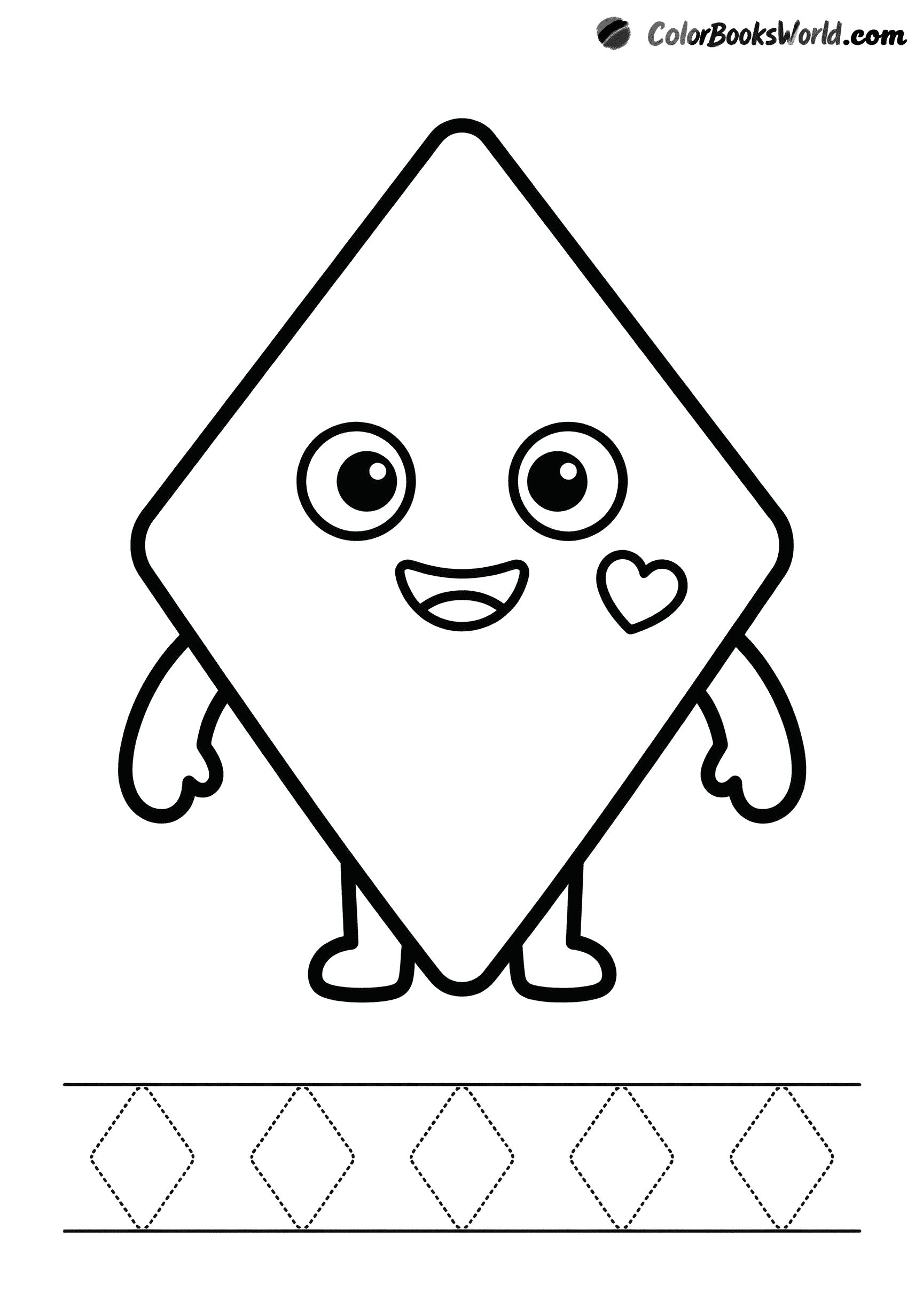 Un rombo sonriente con esquinas redondeadas, brazos y pies pequeños, y un corazón pequeño.