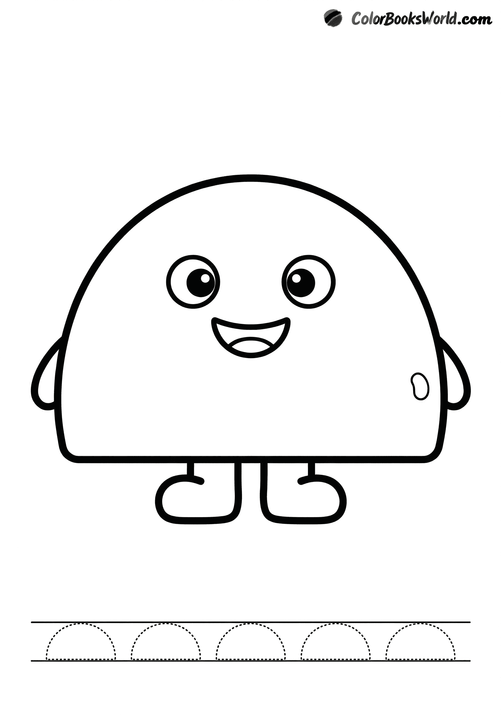 A smiling semicircle character with small arms and feet, standing on its flat edge.