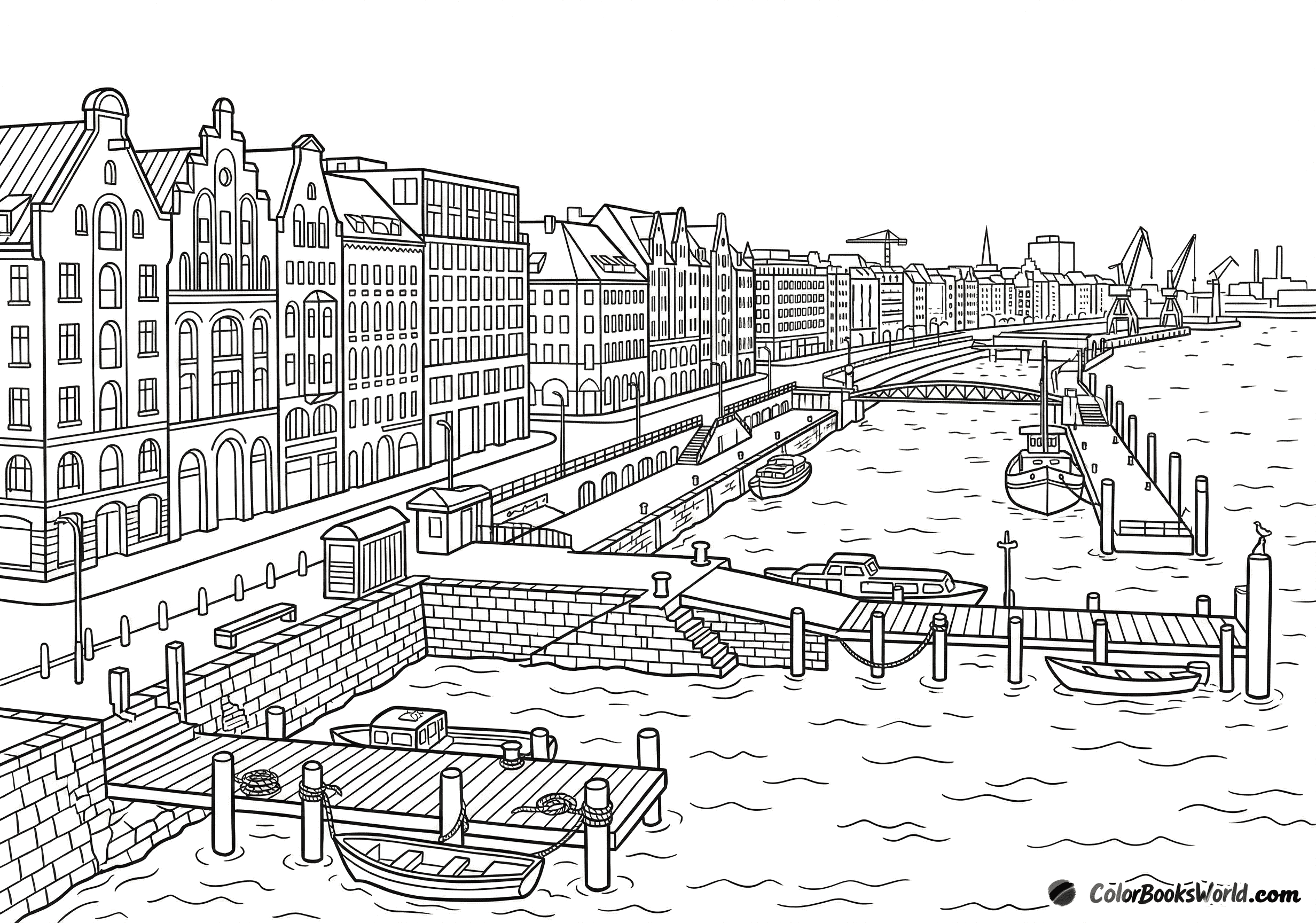 A line art illustration of a harbor city with waterfront buildings, wooden docks, and small boats.
