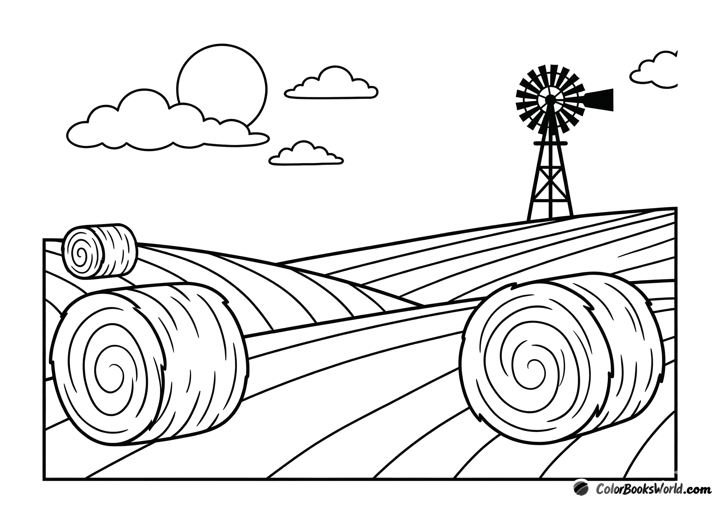 Tre store runde høballer på en bakket mark, med en vejrmølle på en fjern bakke.