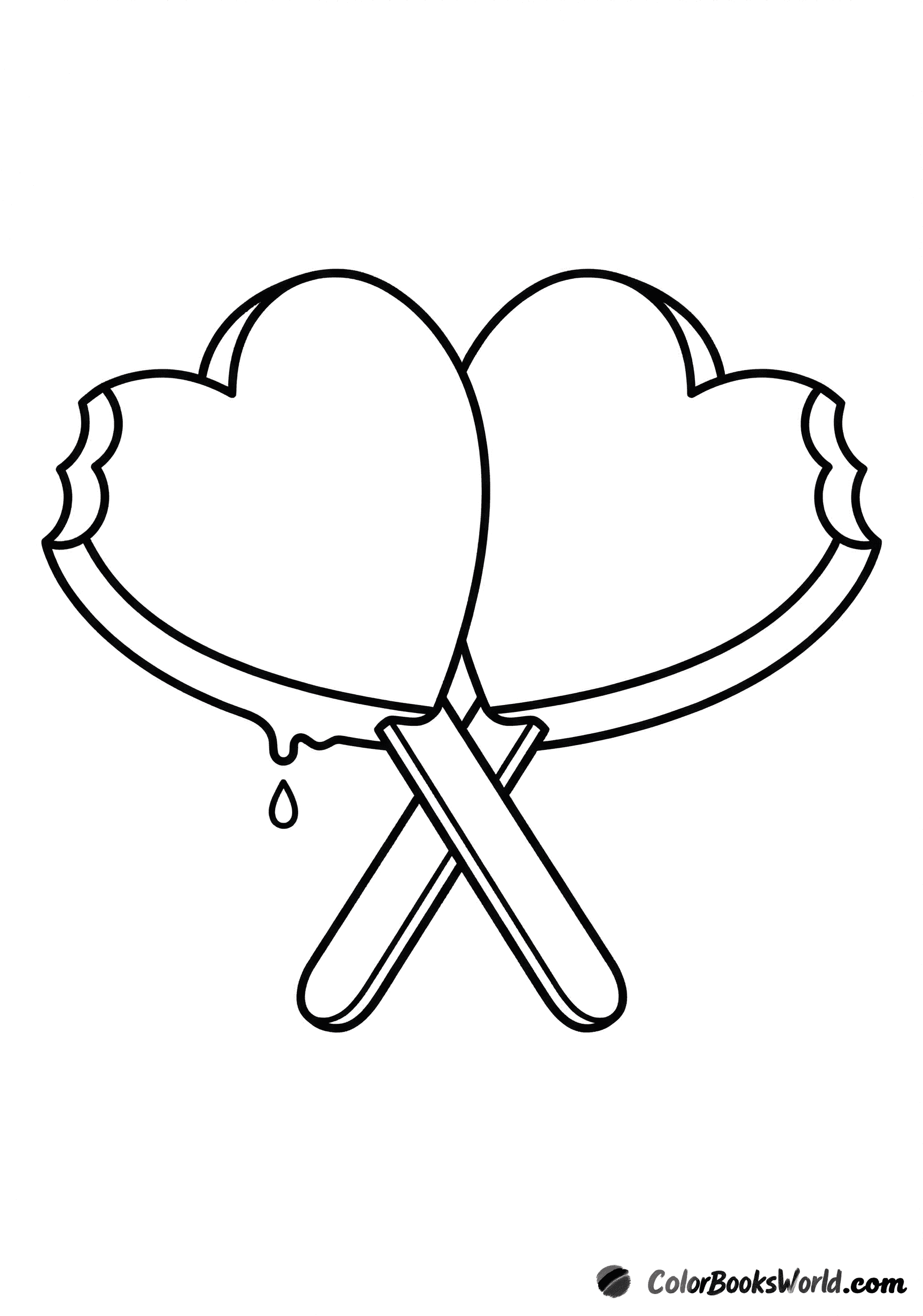 Two heart-shaped popsicles crossed like an X, one with a bite mark and a small drip nearby.