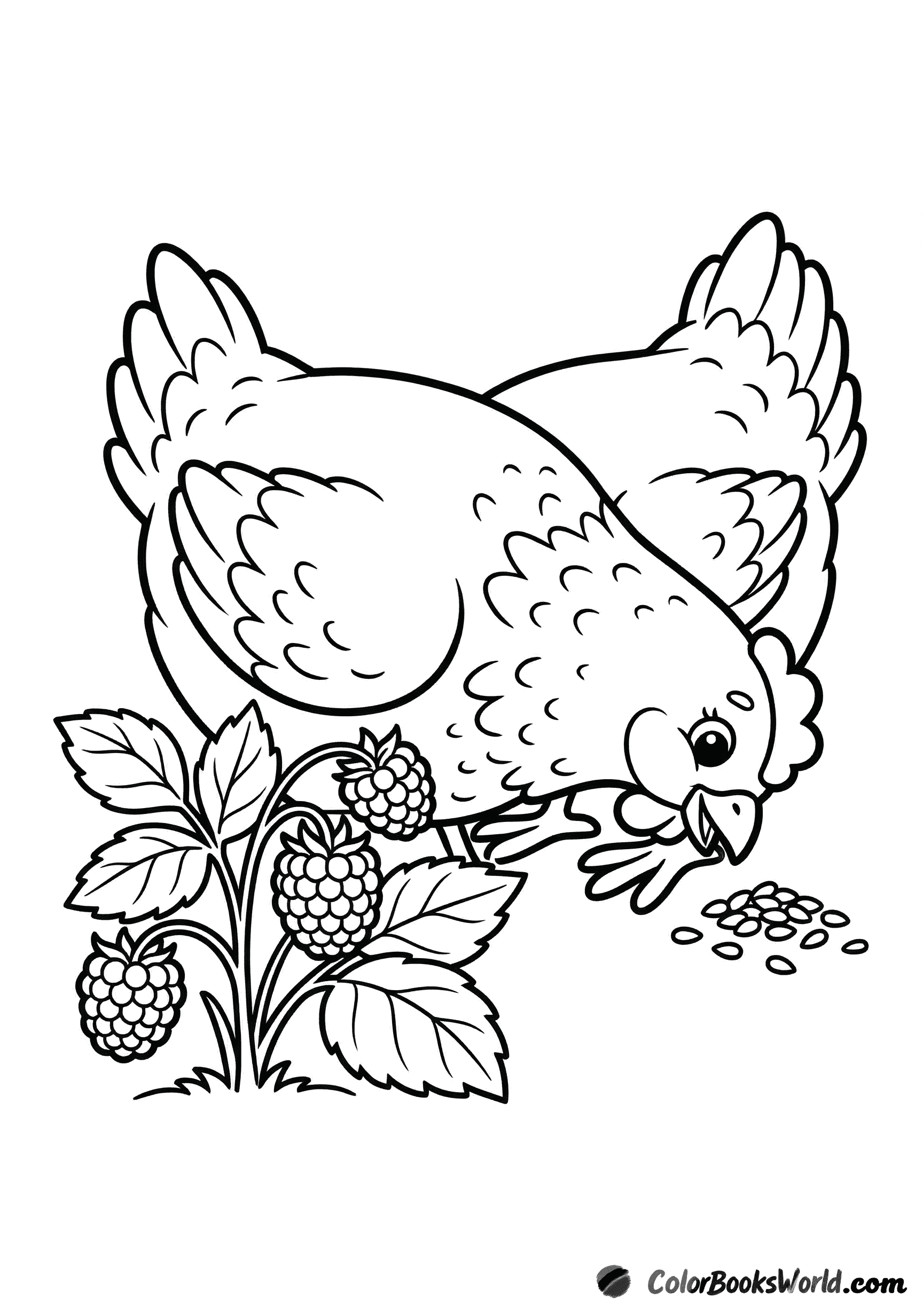 A friendly cartoon hen pecking seeds beside a small raspberry bush with two ripe berries.