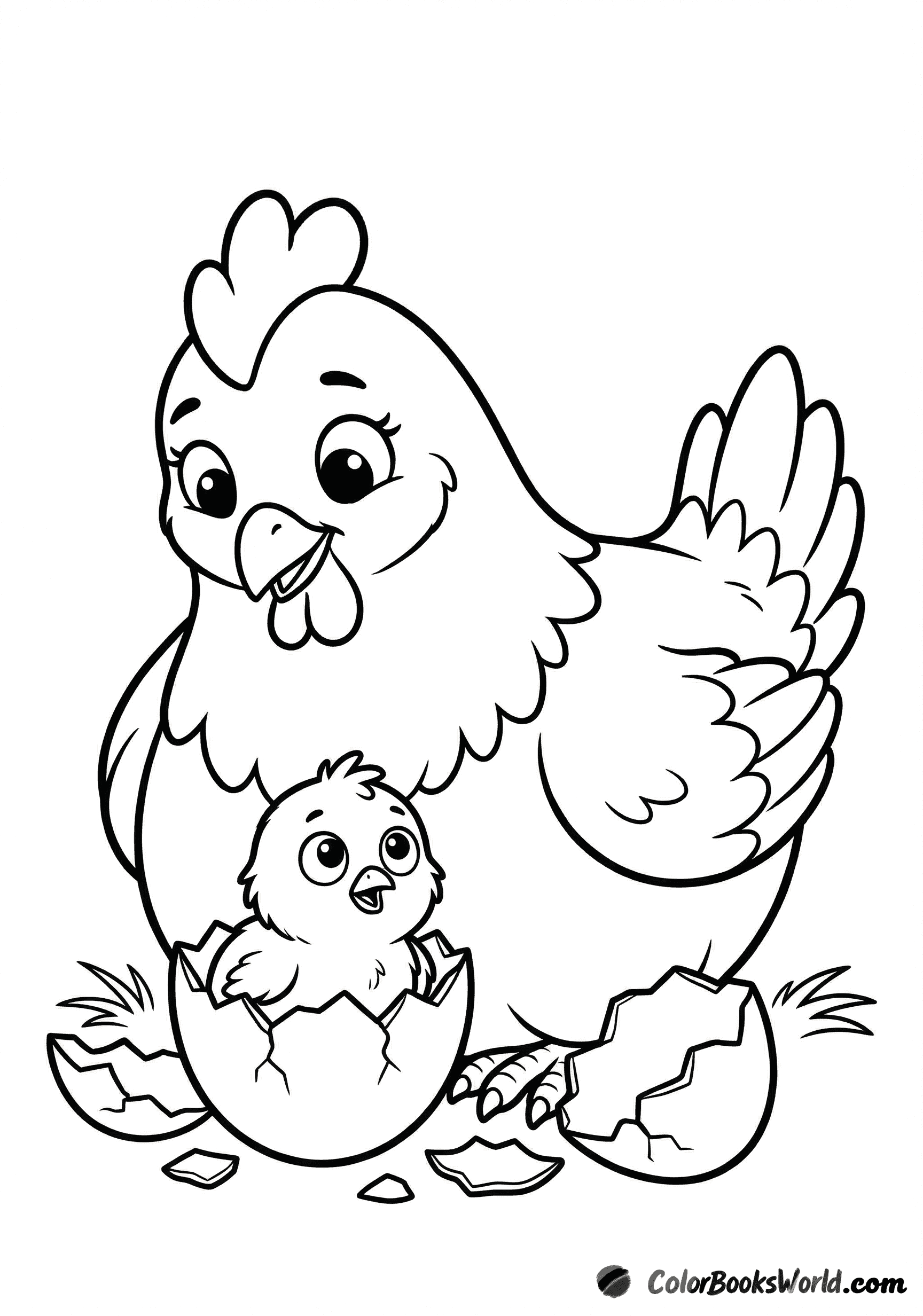 A mother hen watches a fluffy chick hatch from a cracked eggshell.