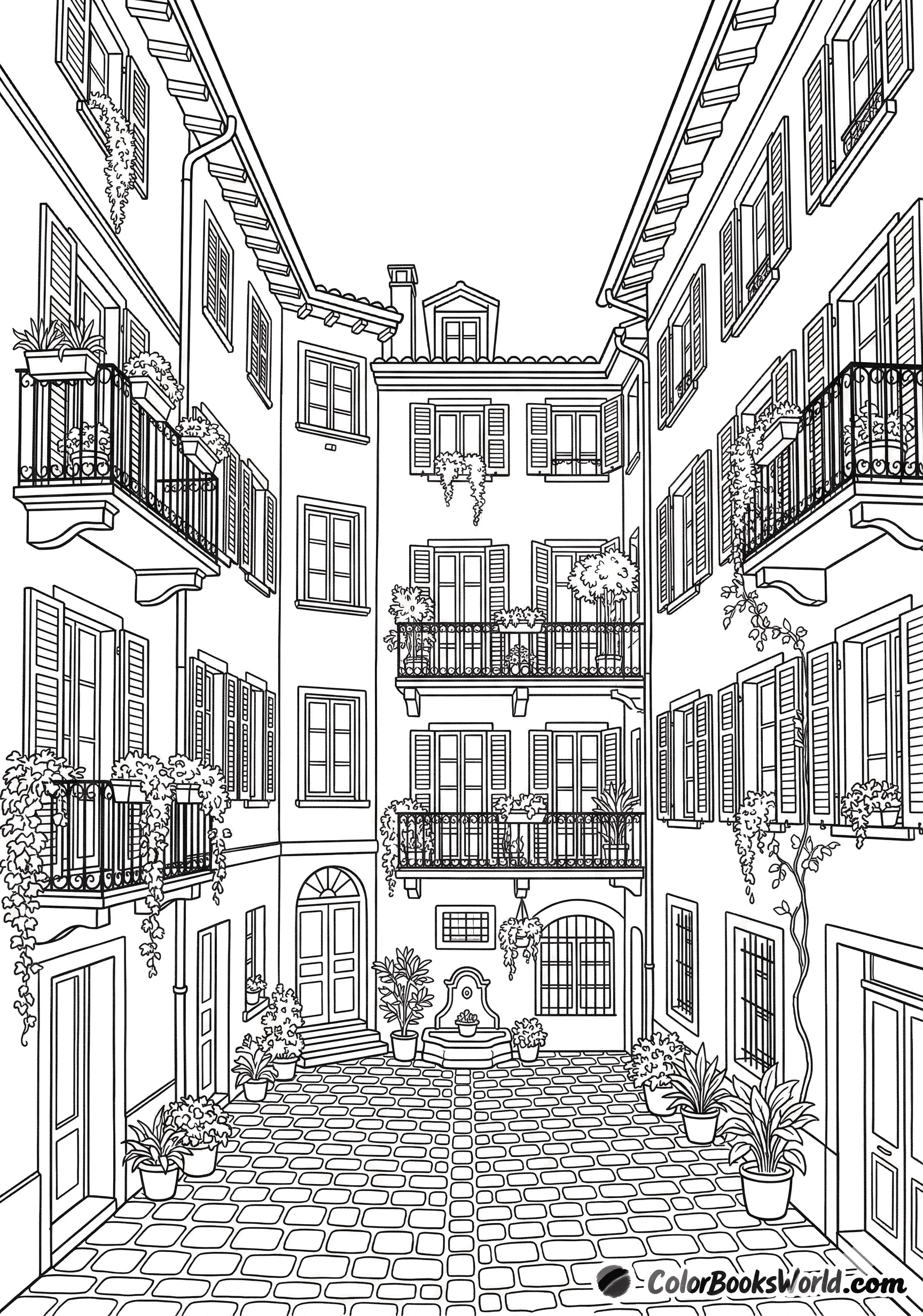 A peaceful enclosed city courtyard with cobblestones, many balconies with plants, and tall historic building facades.