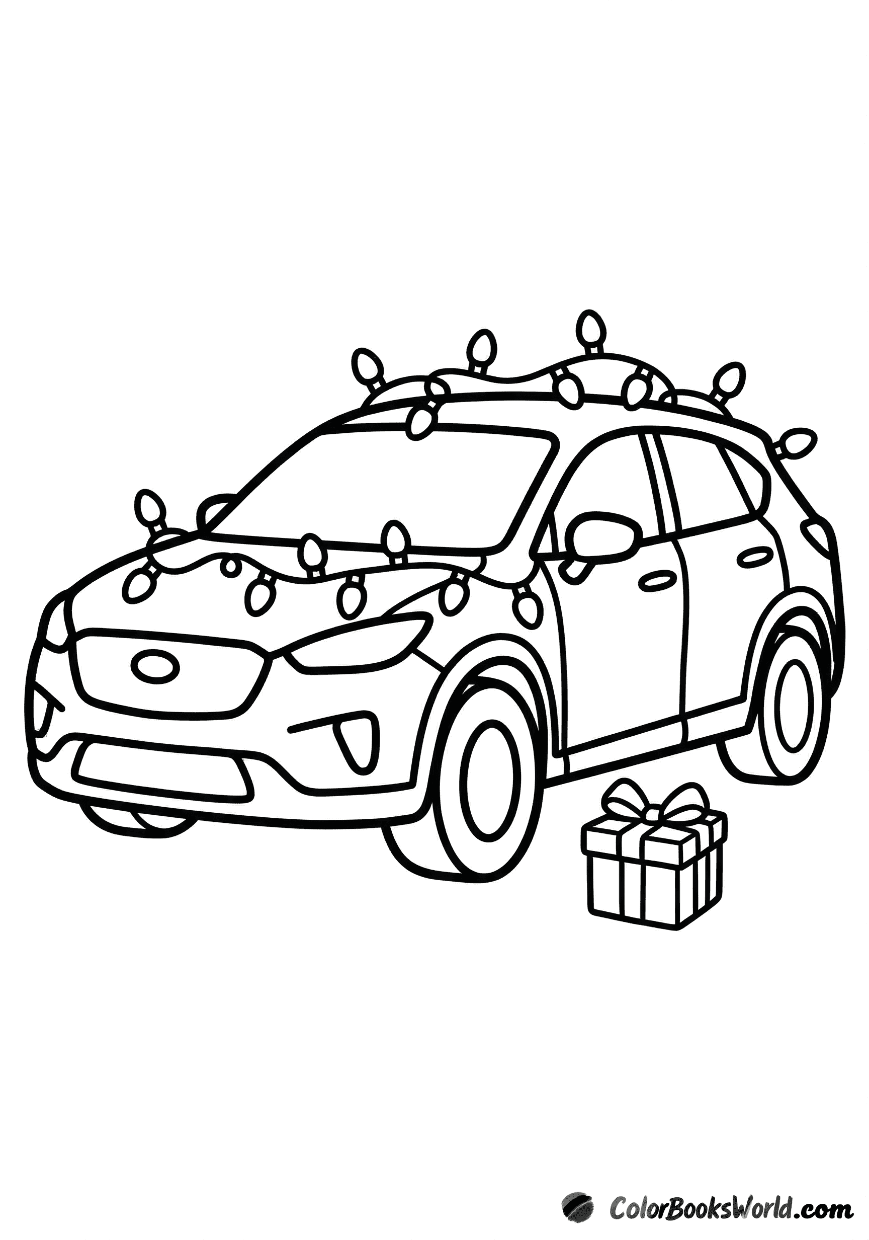 A cartoon crossover car wrapped in holiday string lights, with a small gift box by the front wheel.