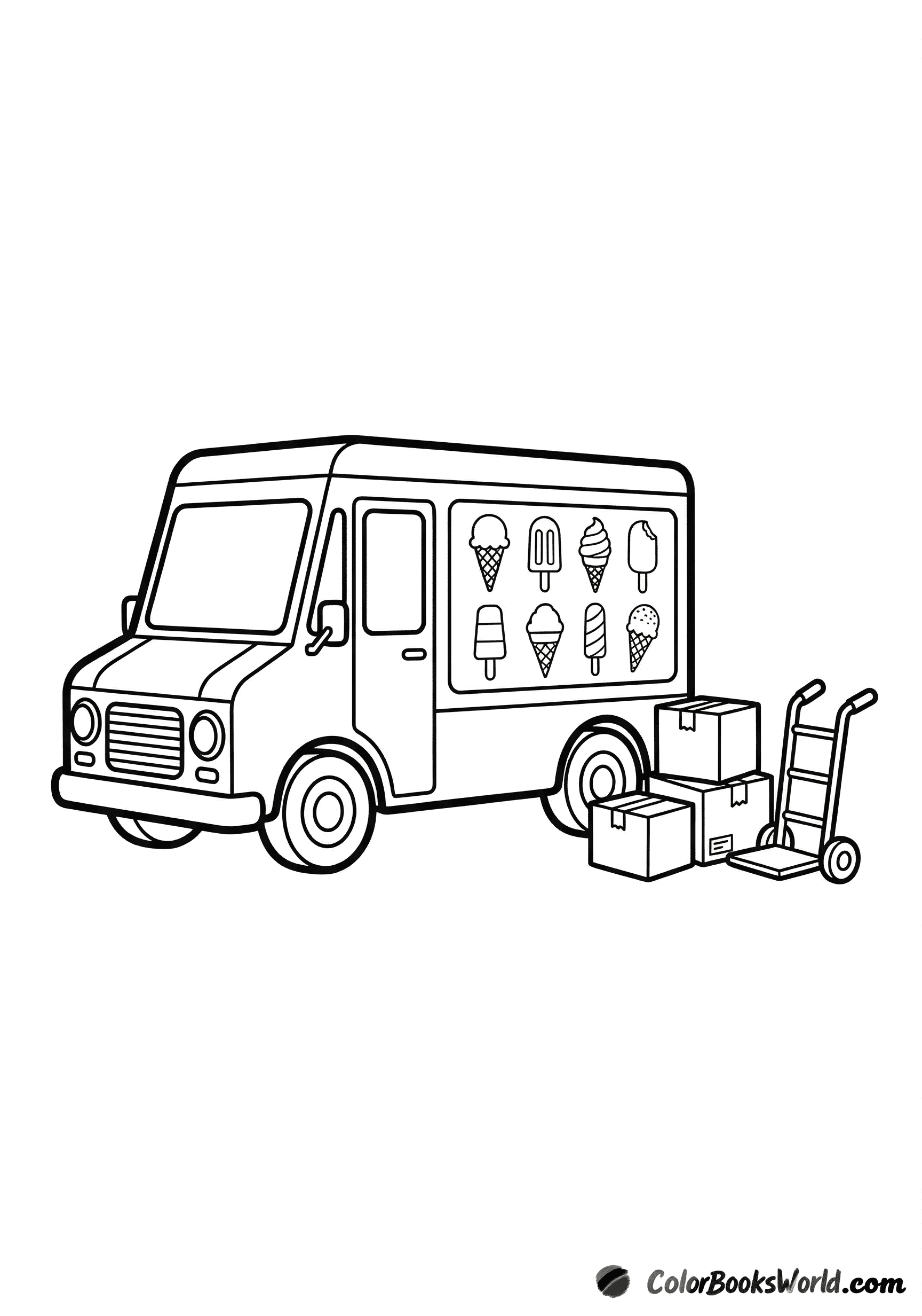 Cartoon ice cream truck with ice cream icons, a stack of delivery boxes, and a hand dolly.