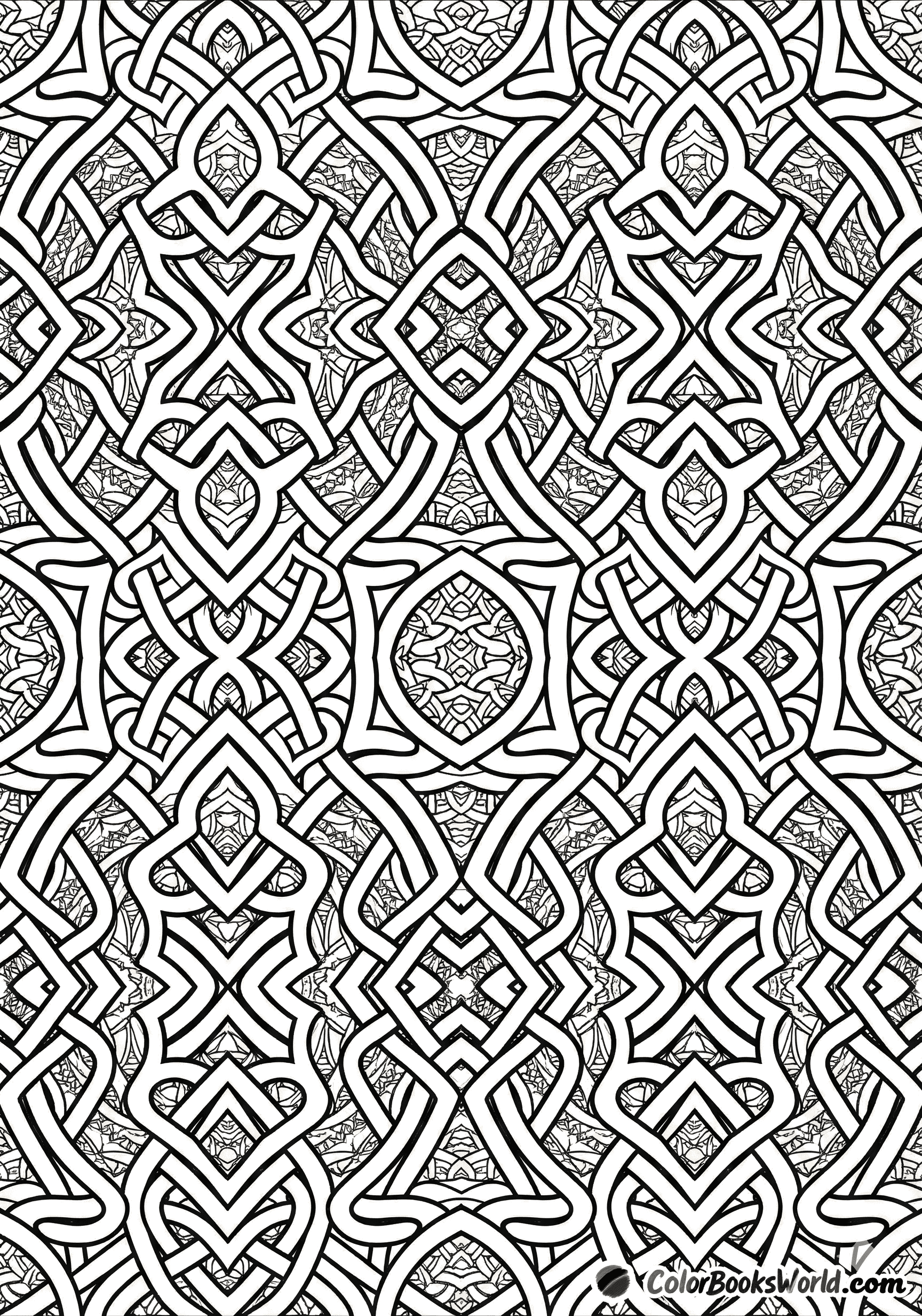 An intricate interlaced Celtic knot pattern with continuous woven lines and symmetric geometric shapes.