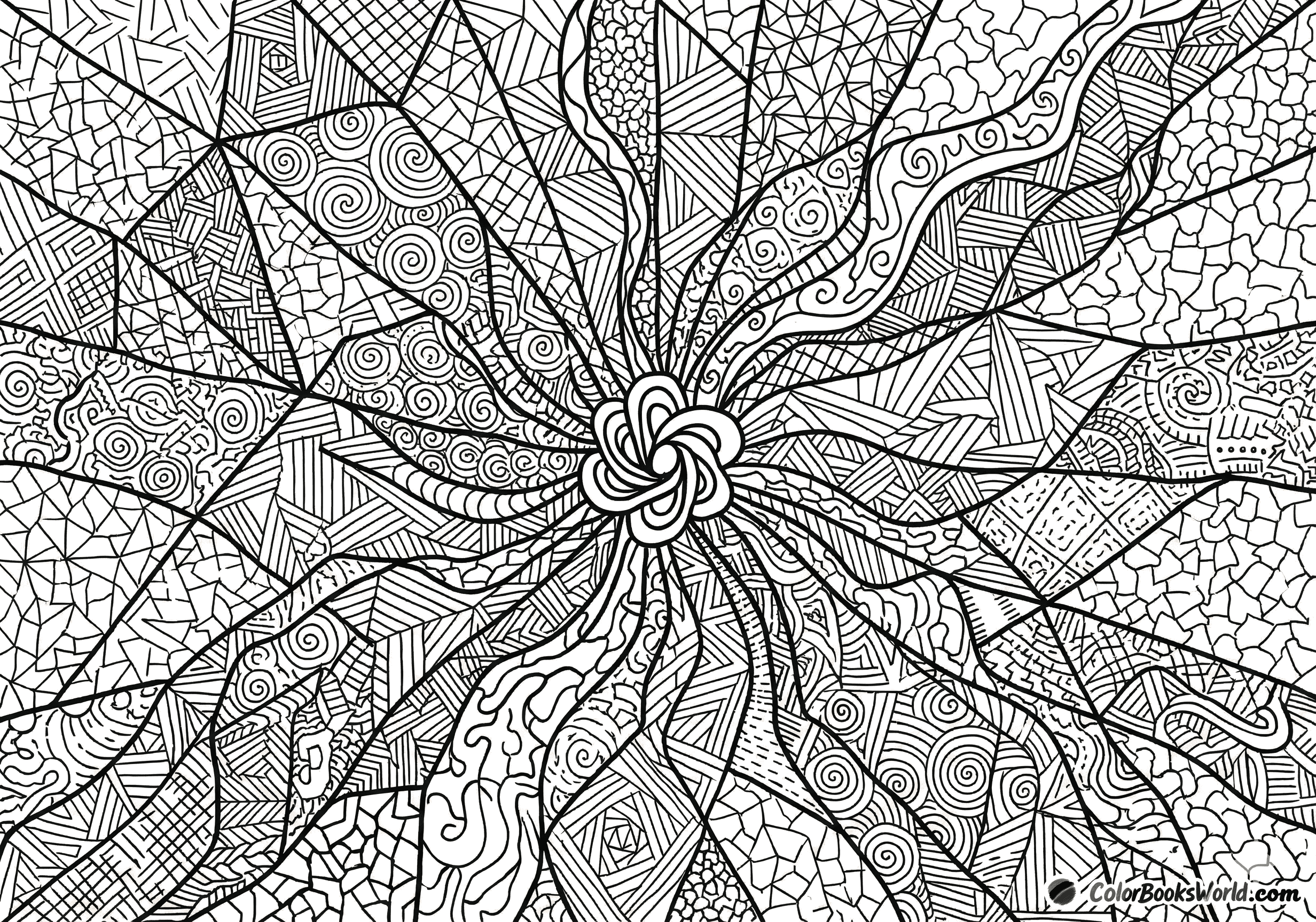 A detailed black and white mandala featuring irregular radial segments filled with intricate geometric and organic micro-patterns.