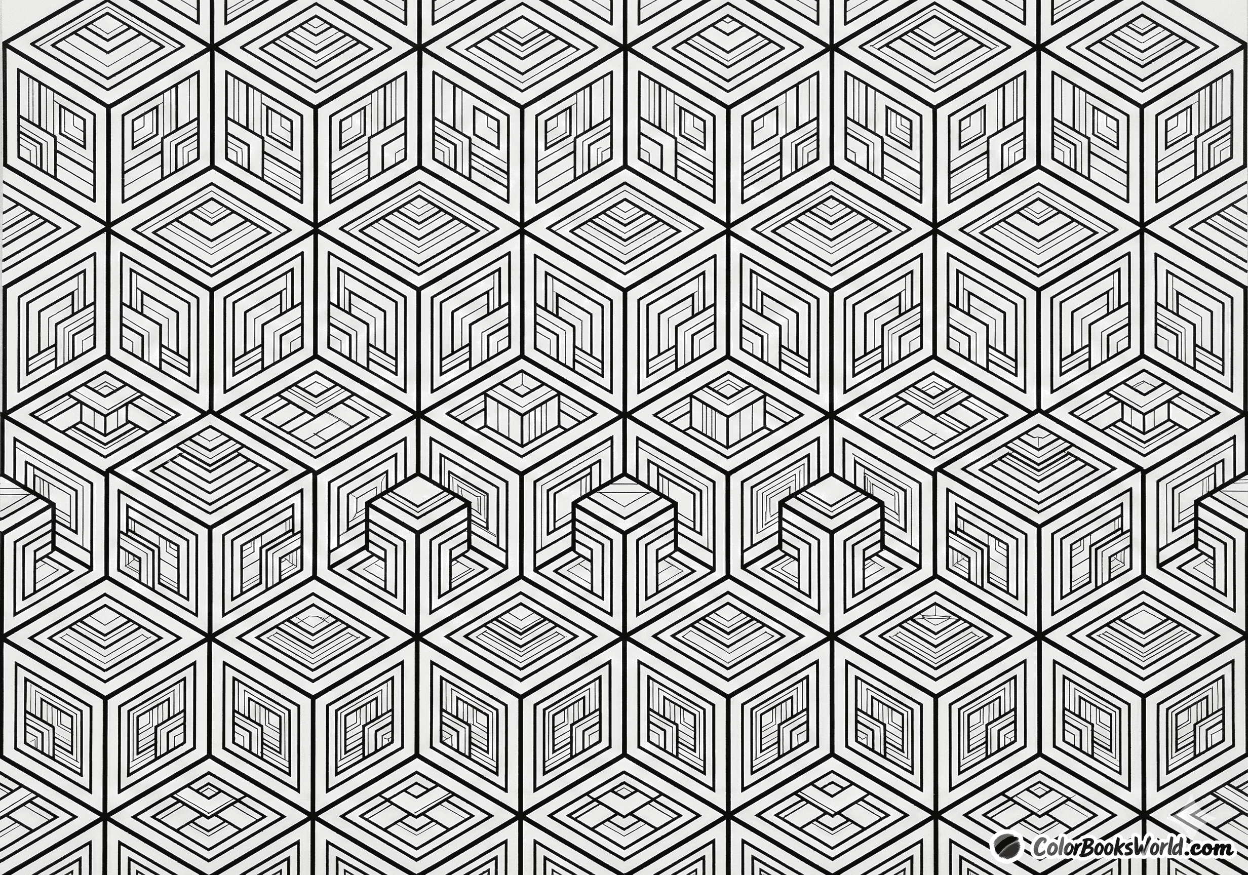 A seamless isometric tessellation of 3D cubes with intricate internal geometric lines.
