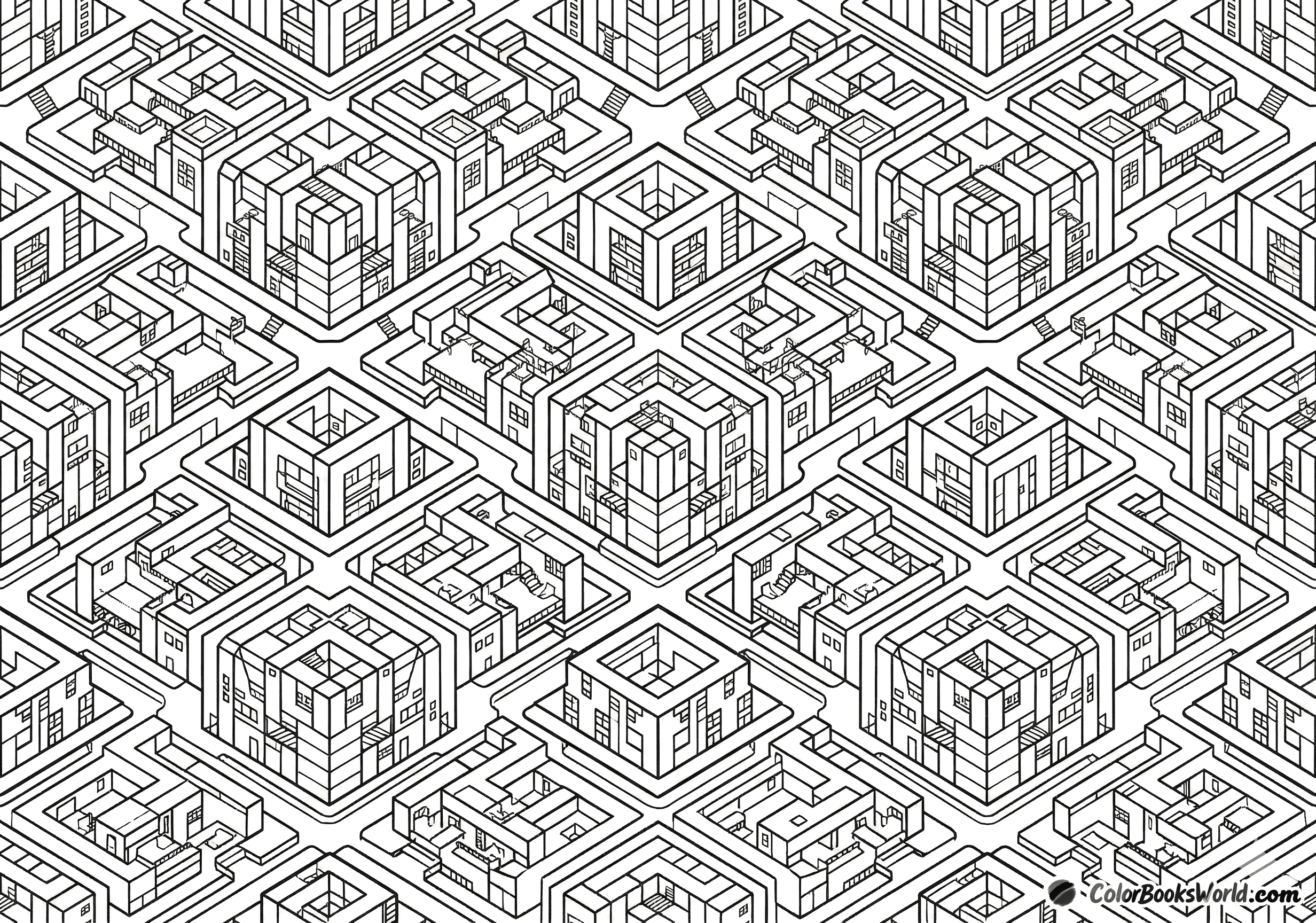 An isometric view of an abstracted city grid with repeating geometric building blocks and streets in black line art.