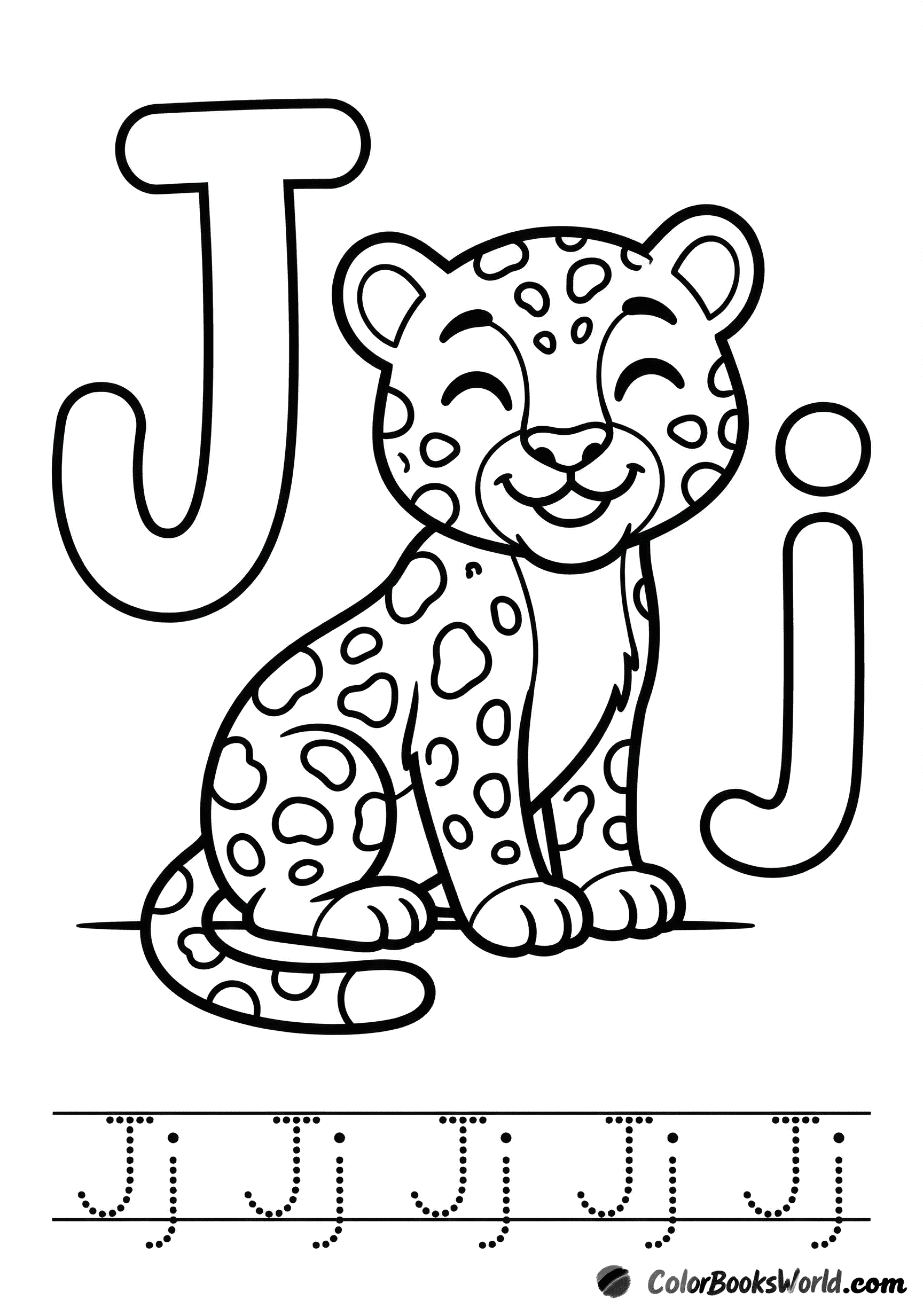 A smiling jaguar cub sits beside big bubble letters J and j, with a dotted tracing line below.