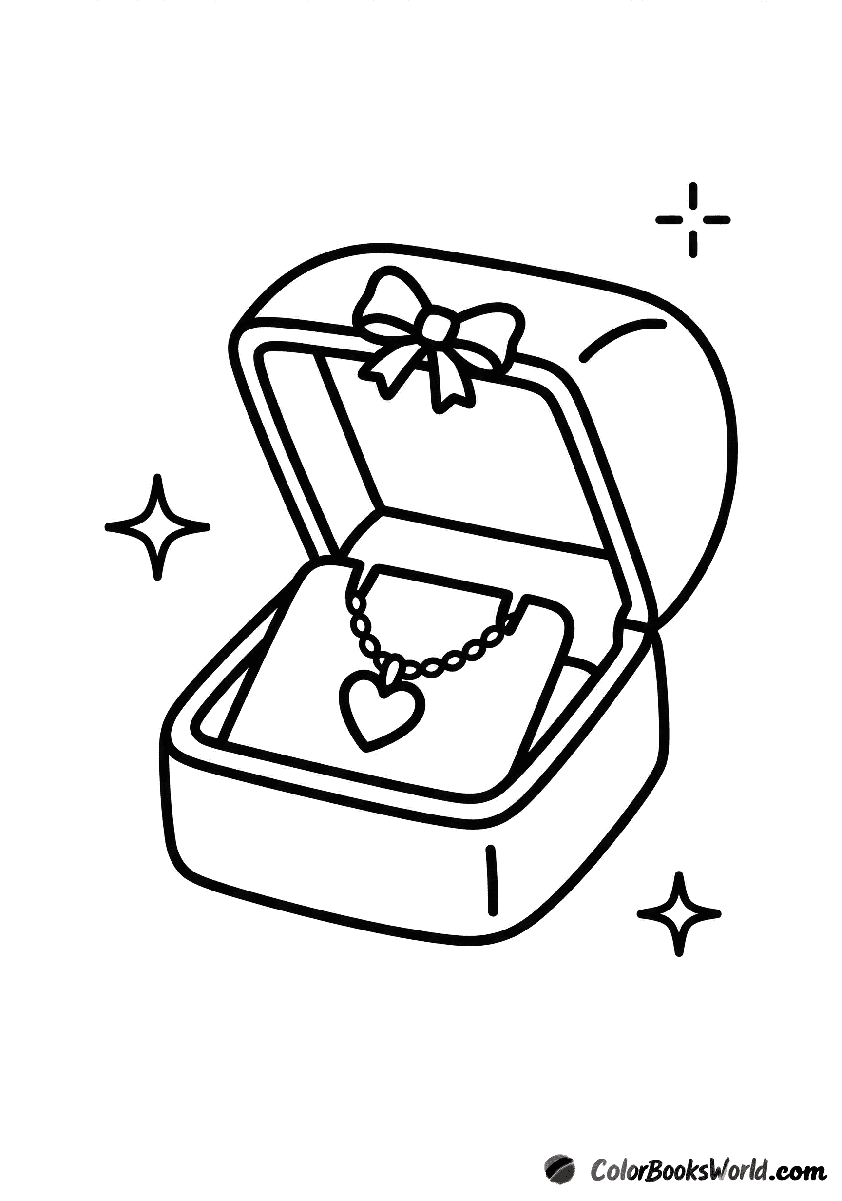 An open jewelry box holding a heart pendant necklace with small sparkles around it.