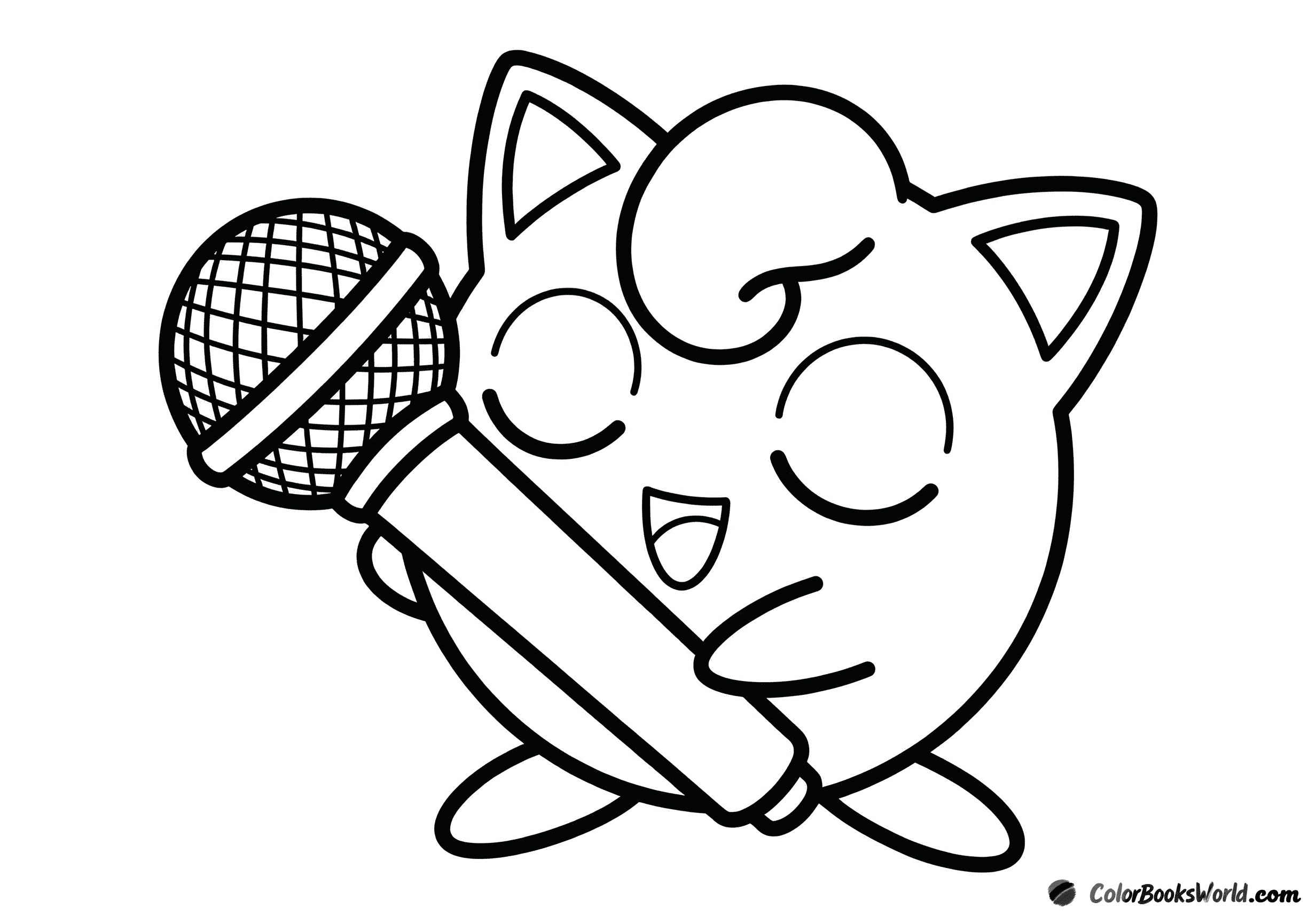Jigglypuff canta con los ojos cerrados mientras sostiene un micrófono sencillo.