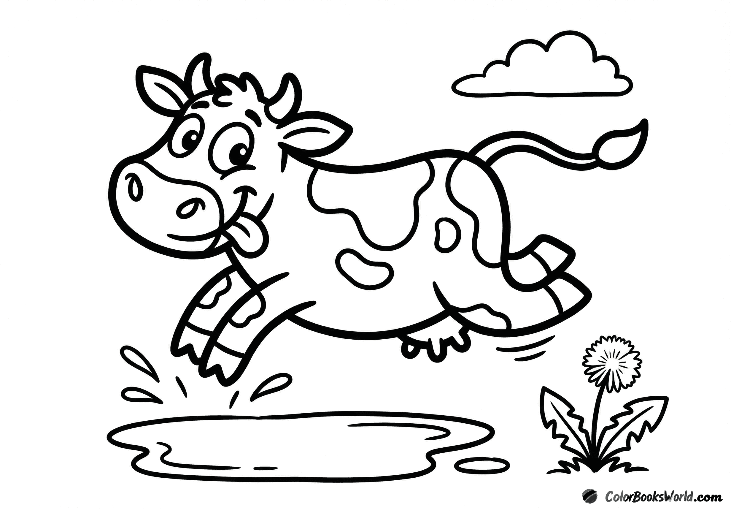 A smiling cartoon cow jumps over a small puddle, with splash lines, a dandelion, and a cloud.