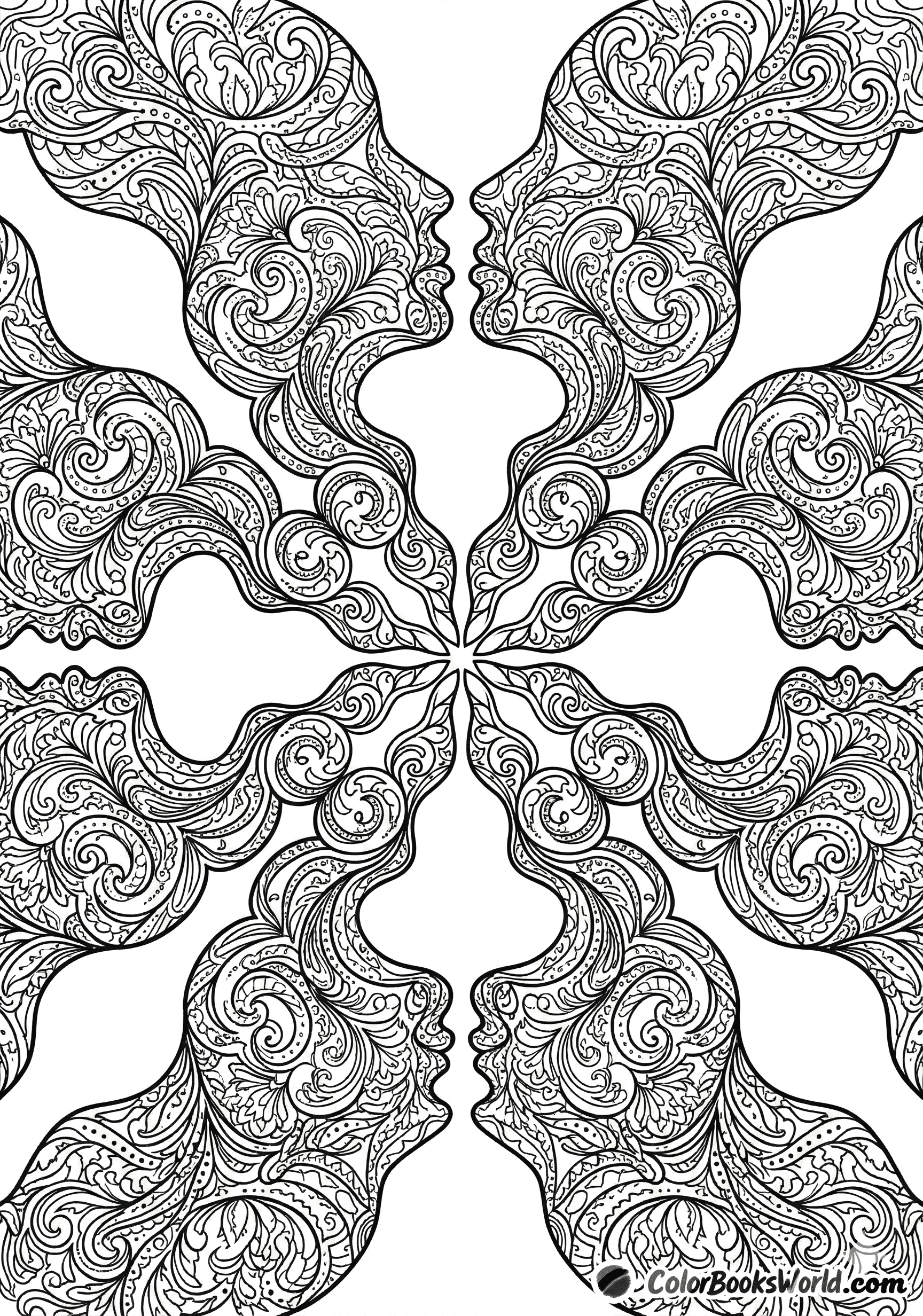Detailed line art of mirrored human face profiles in a radial arrangement filled with intricate floral filigree patterns.
