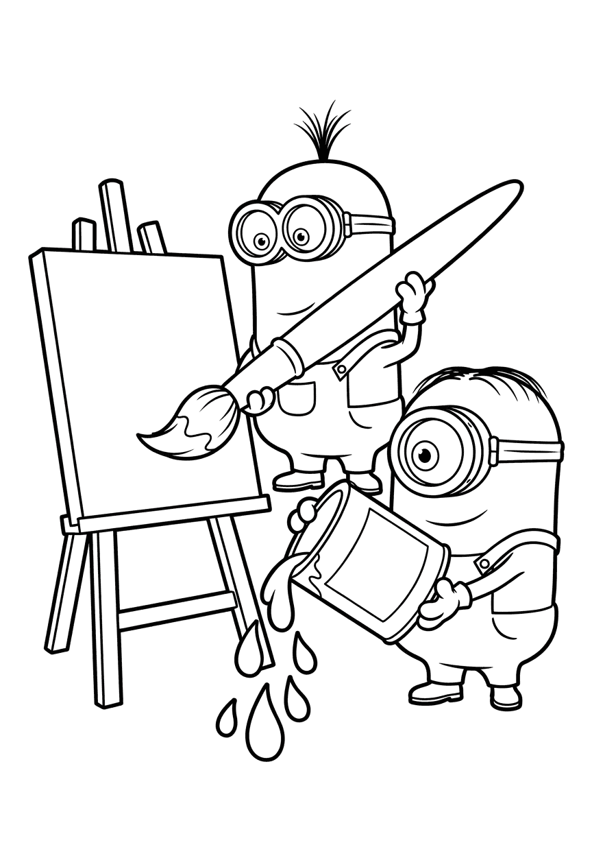 Kevin holds a giant paintbrush over a blank canvas as Stuart tips a paint can, dripping outlined drops.