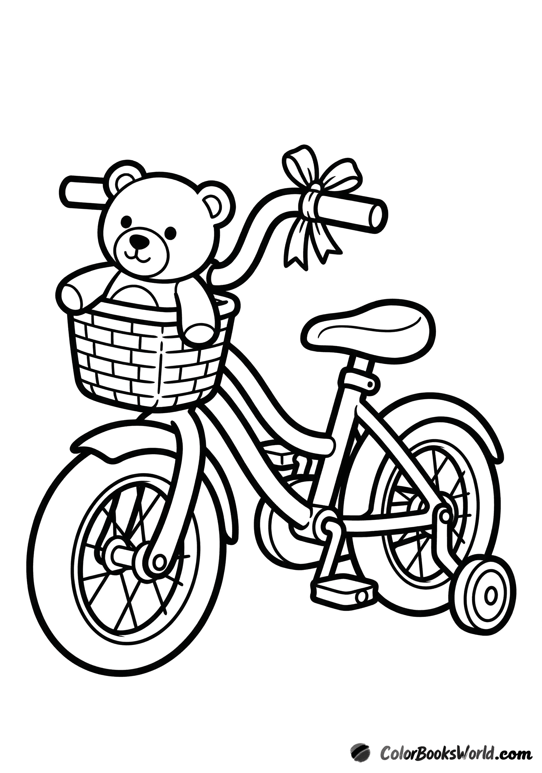 Kids' bicycle with training wheels, a teddy bear in the front basket, and a ribbon on the handlebar.