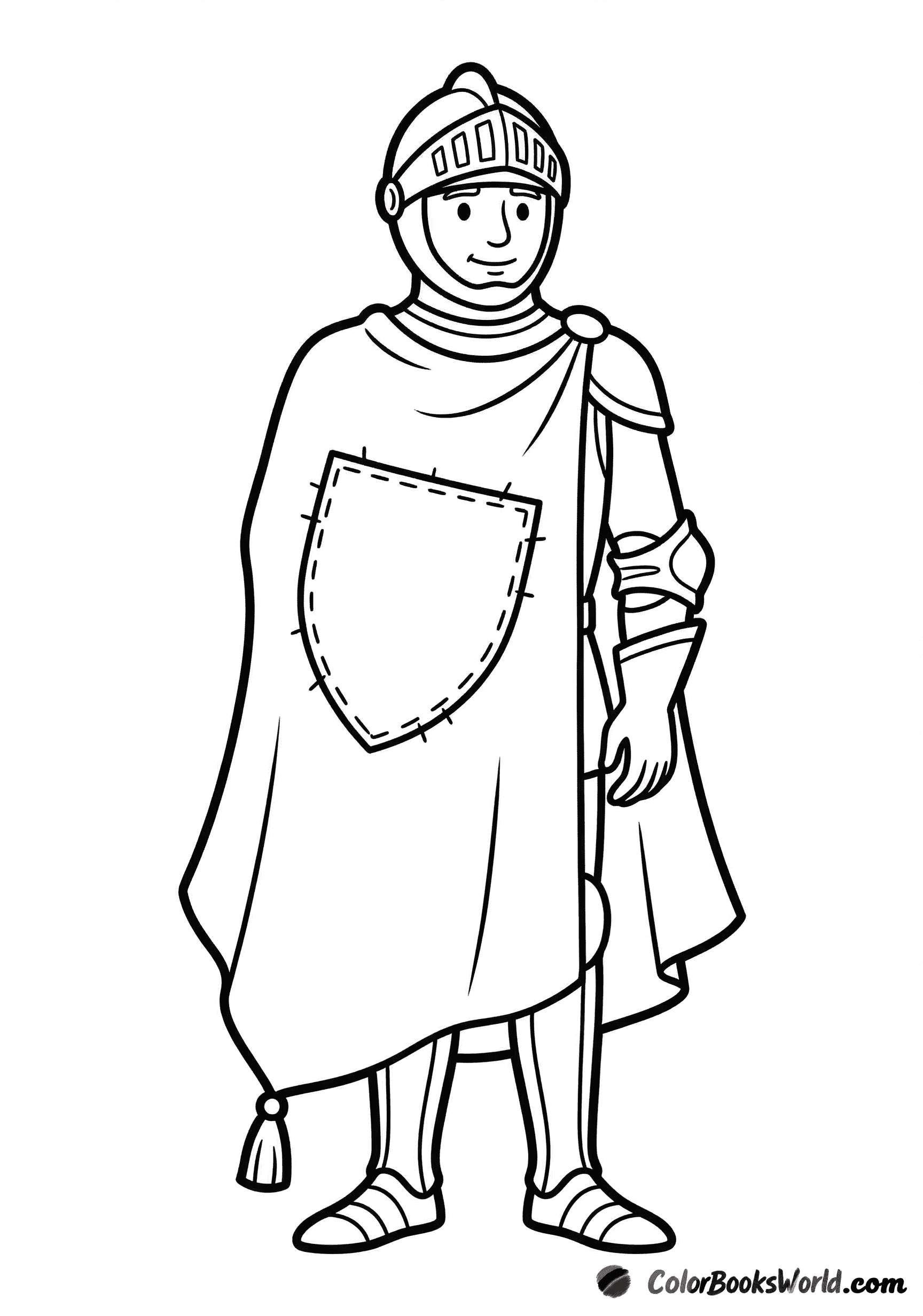 Cartoon knight wearing a cloak with a blank shield-shaped patch and a small tassel.