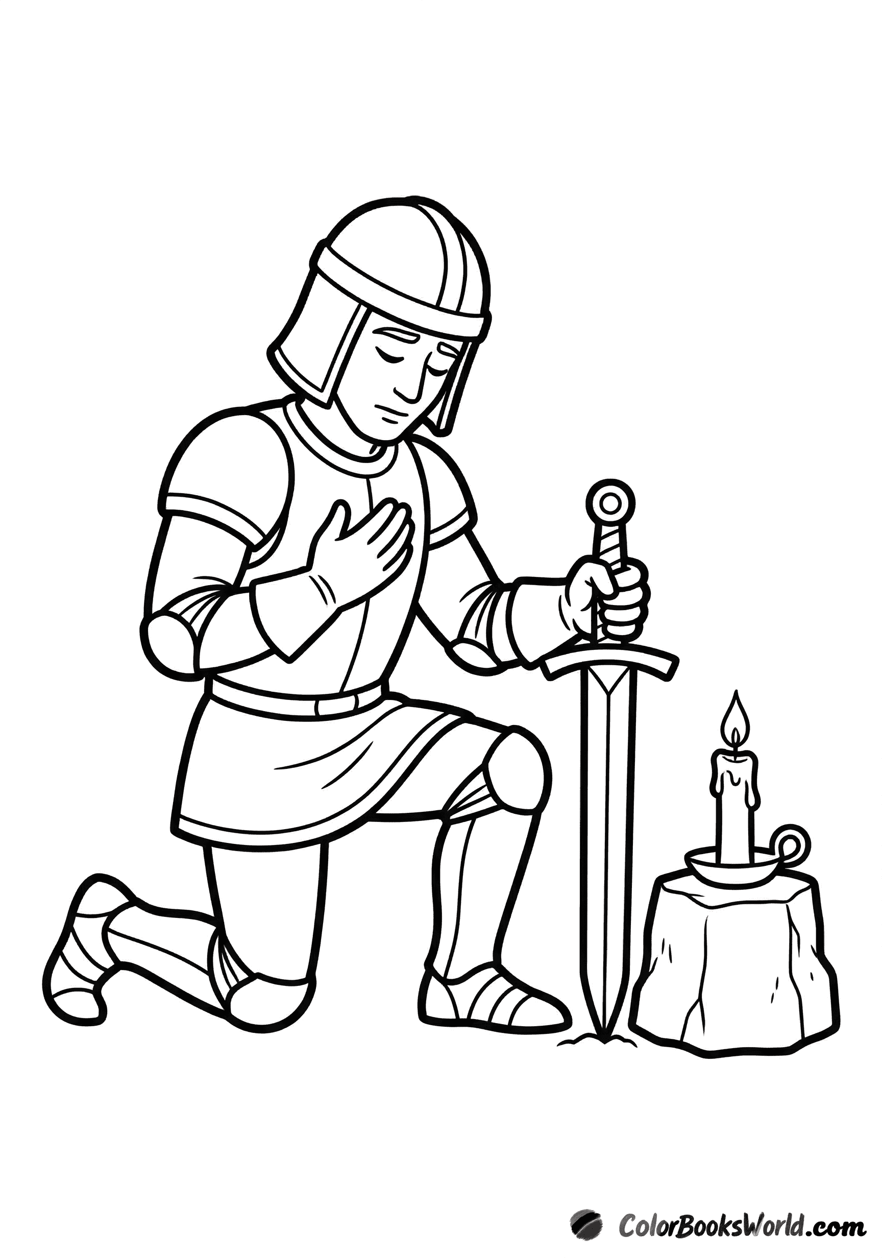 Cartoon knight kneels with a hand on his heart beside a sword planted in the ground.