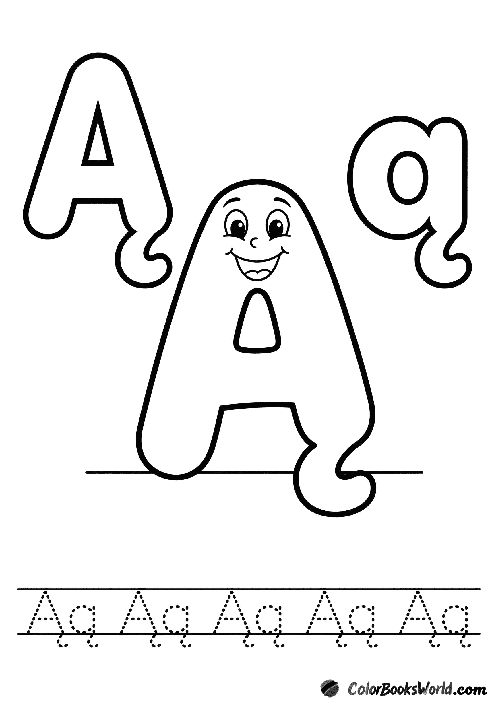 Smiling Ą character between large bubble Ą and ą, with a dotted tracing line below.