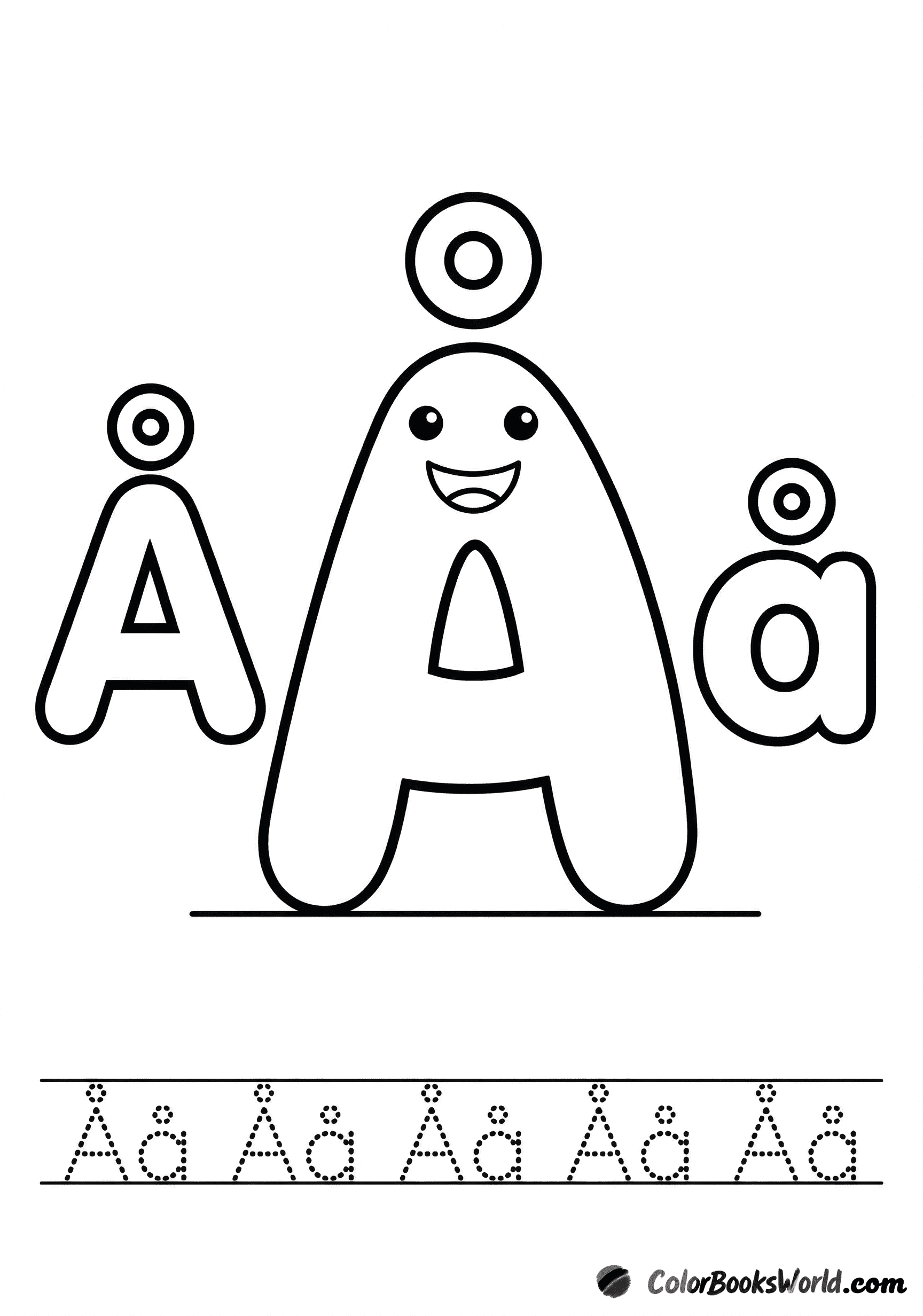 Smiling Å character between large bubble Å and å, with a dotted tracing row below.