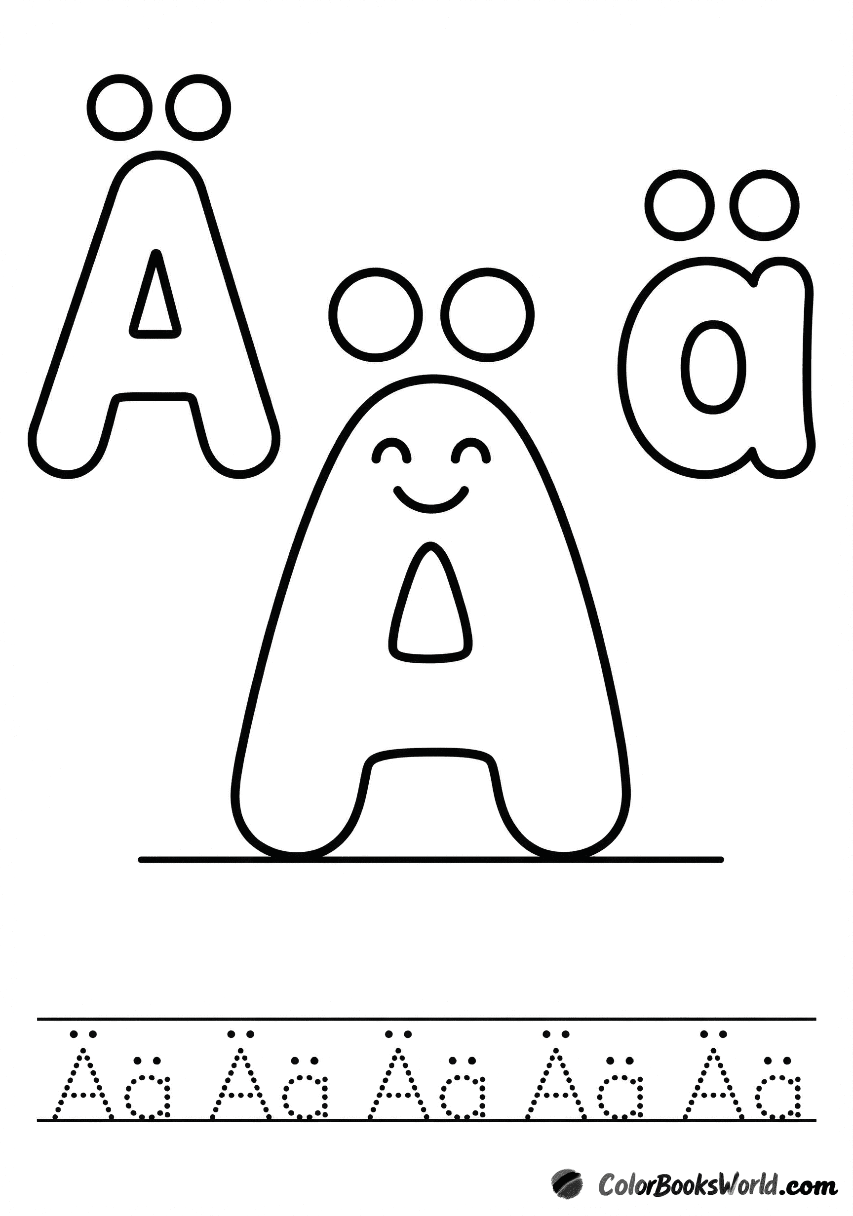 Smiling Ä character between large bubble Ä and ä, with a dotted tracing line below.